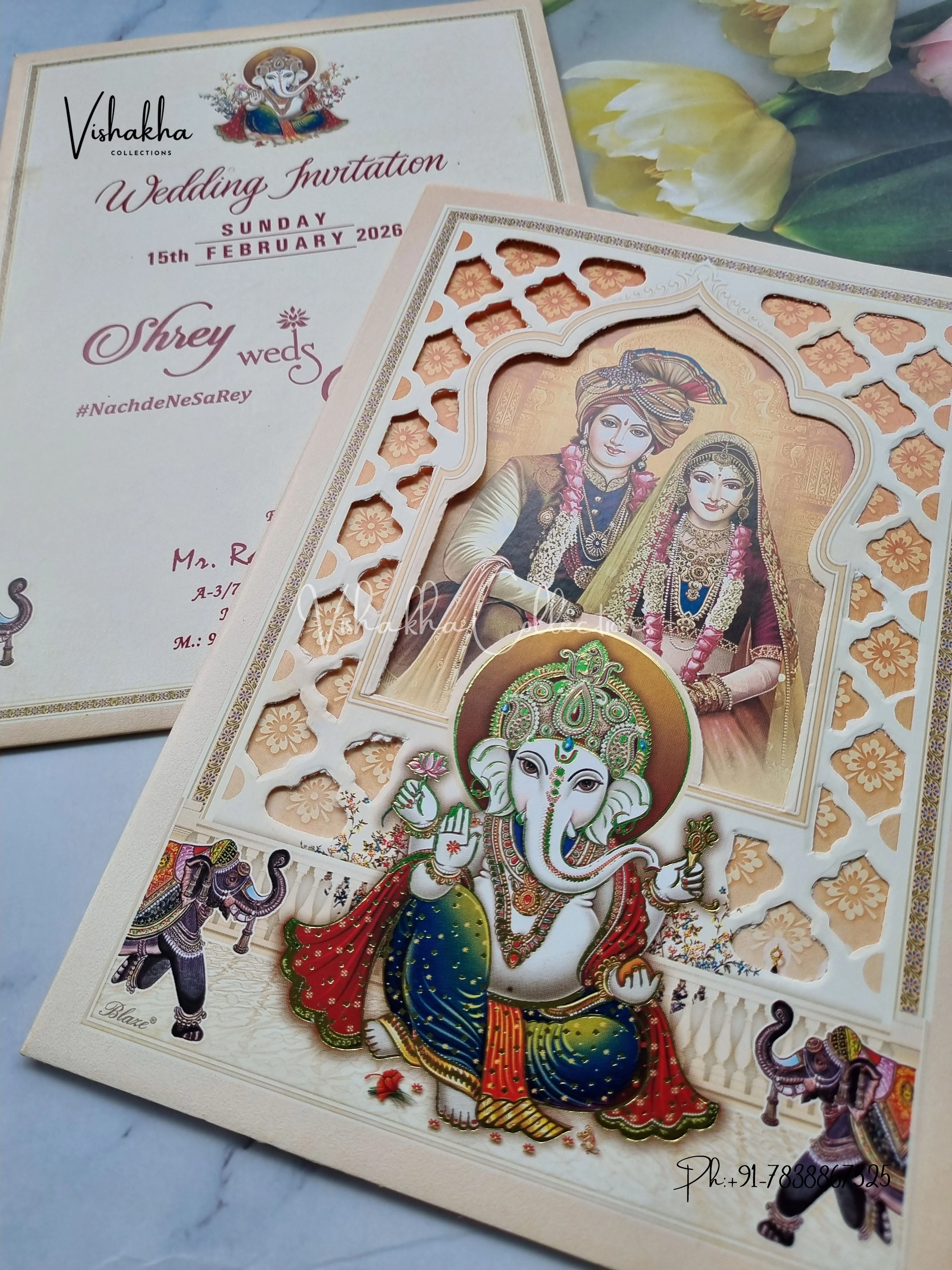 Barat Ganesh Ji Dulah Dulhan Hindu Light Orange Colored invitation Cards NA-1125-26 - Image 2