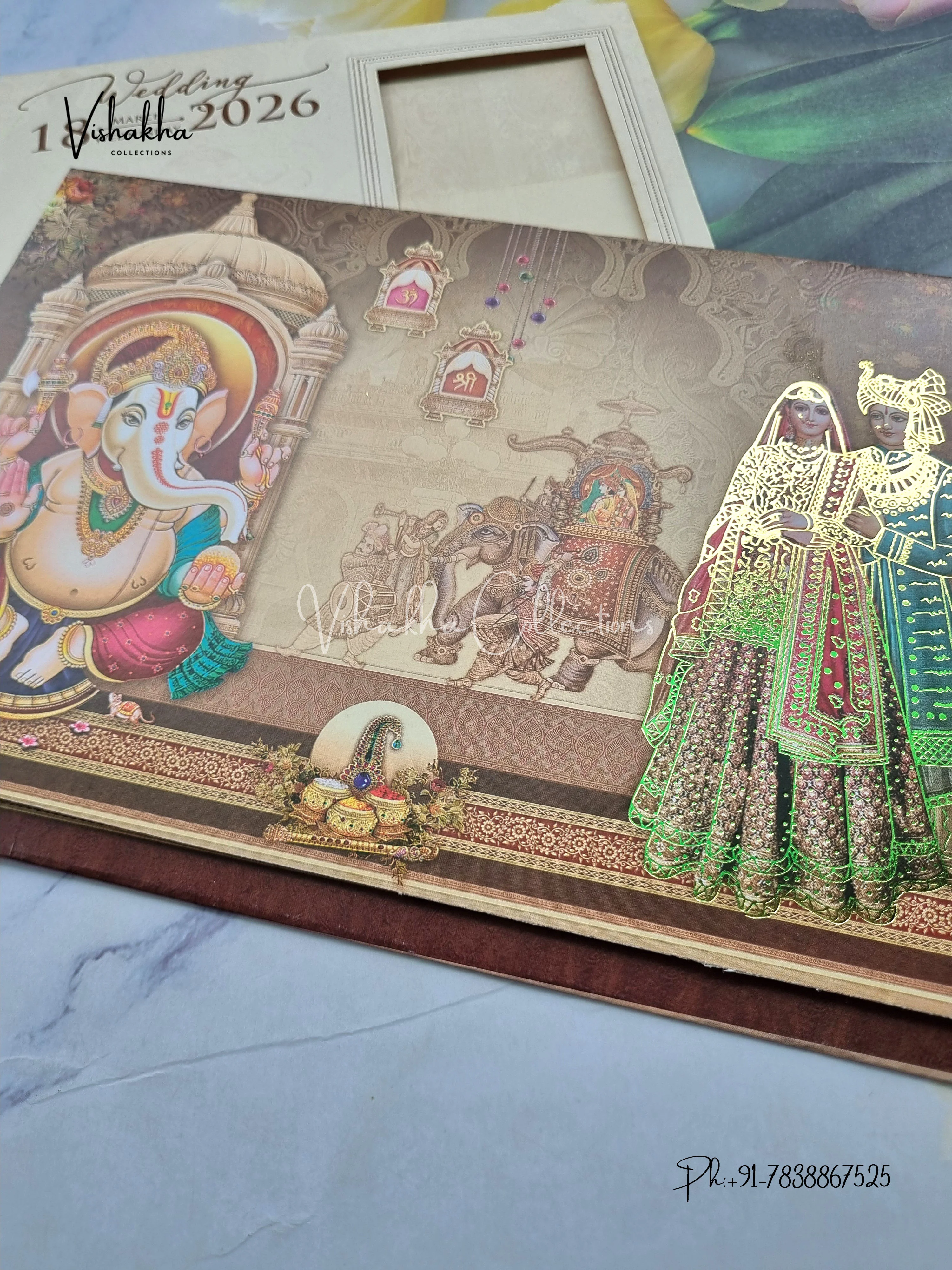 Barat Hathi Ganesh Ji Dulah Dulhan Hindu Brown Colored invitation Cards NA-1125-71 - Image 2