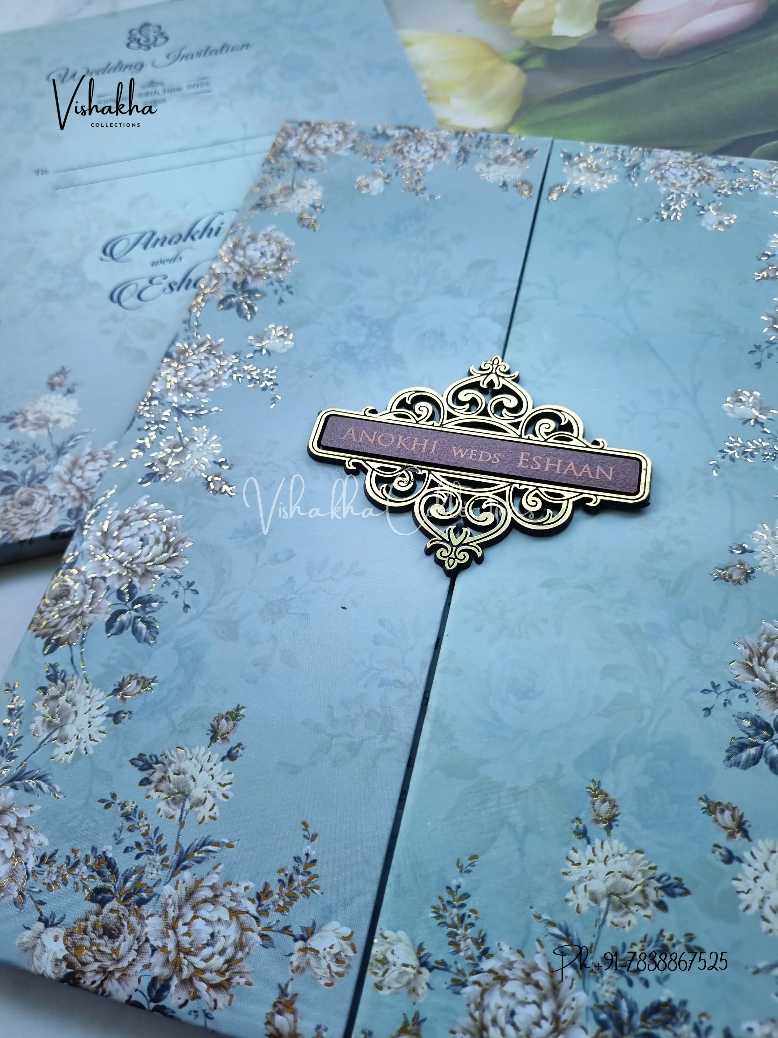 Flower Double Door Hindu Muslim Christian Sikh Padded Colored invitation Cards CC-3661 - Image 2