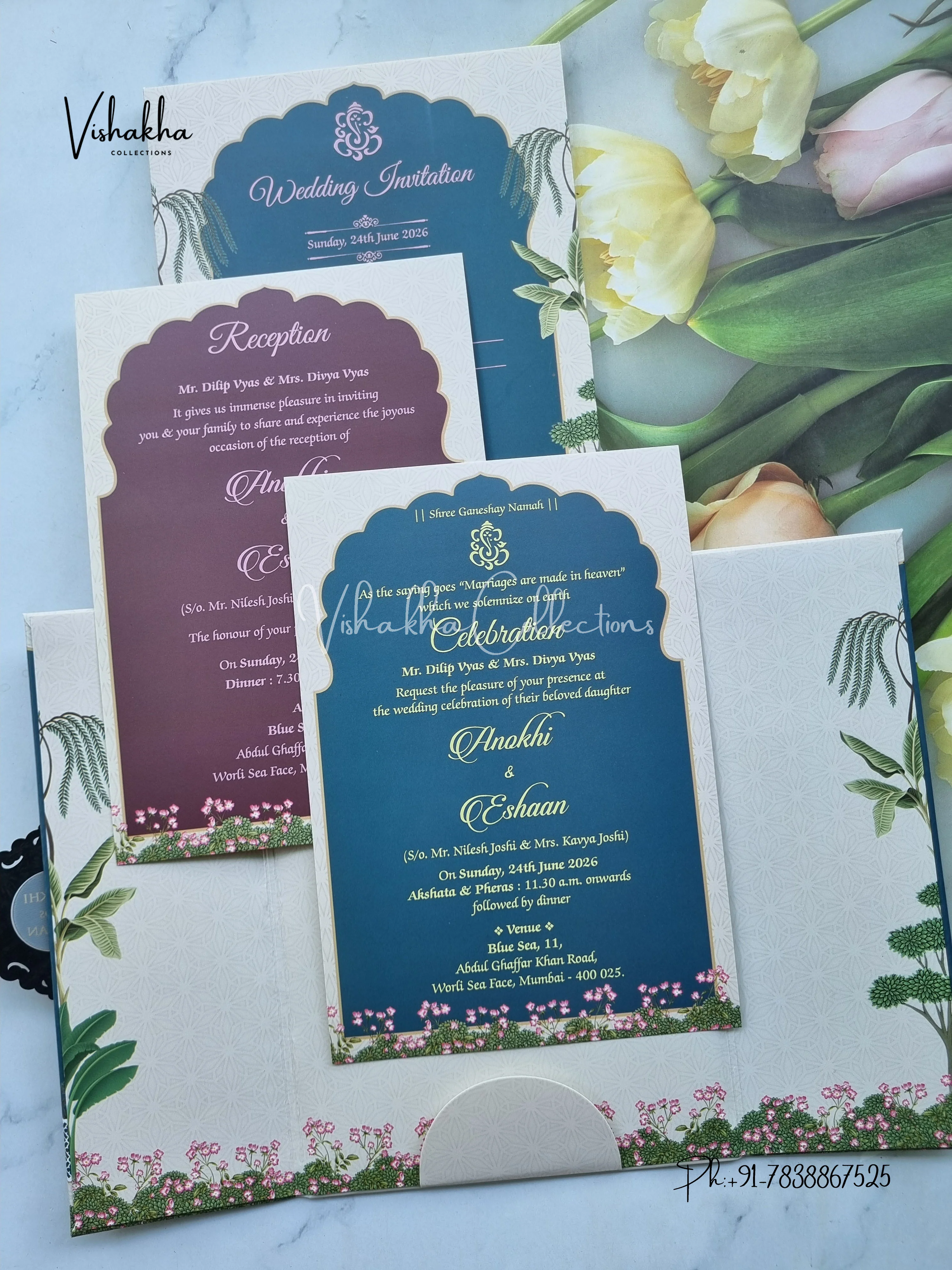 Flower Double Door Hindu Muslim Christian Sikh Padded Colored invitation Cards CC-3676 - Image 3
