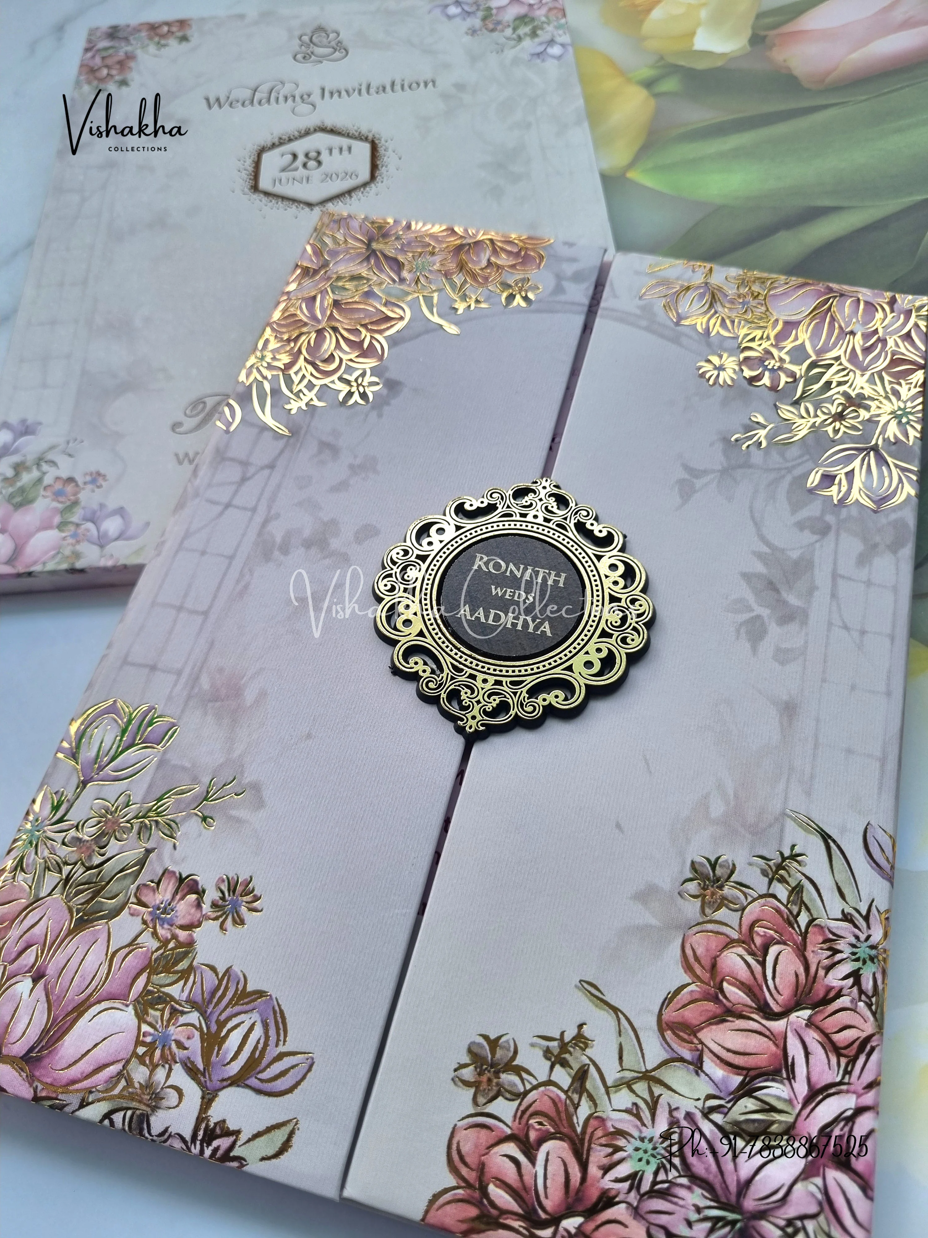 Flower Double Door Hindu Muslim Christian Sikh Padded invitation Cards VN-707 - Image 2