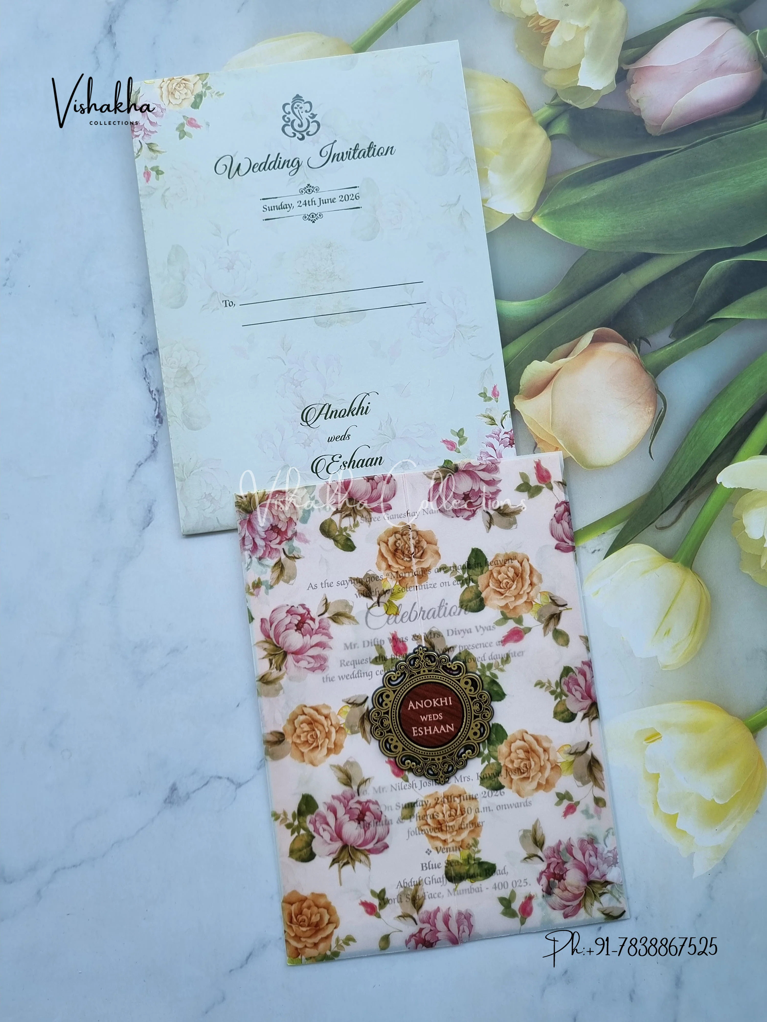 Flower Double Door Hindu Muslim Christian Sikh Vellum Paper Colored invitation Cards CC-3634
