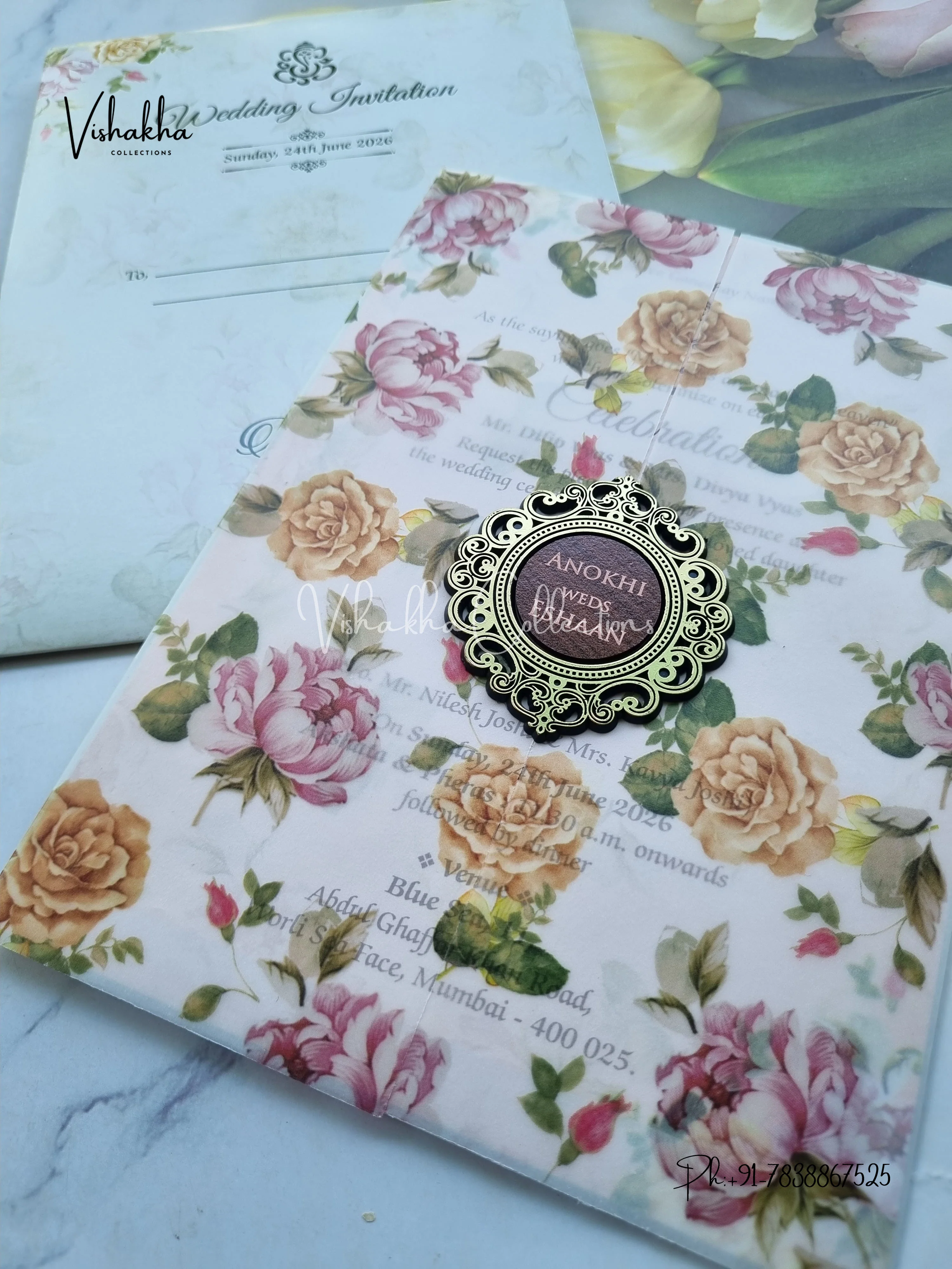 Flower Double Door Hindu Muslim Christian Sikh Vellum Paper Colored invitation Cards CC-3634 - Image 2