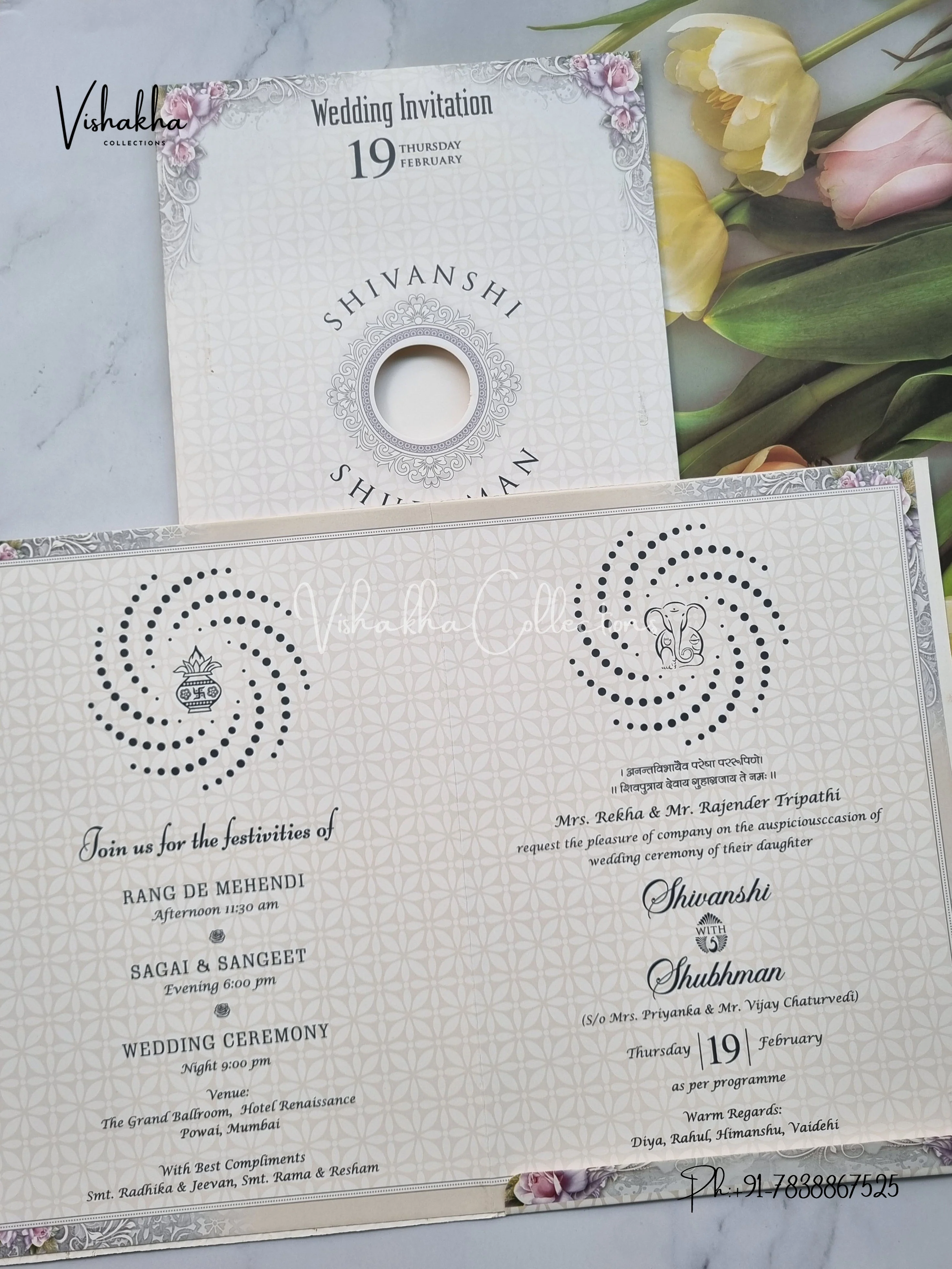 Flower Hindu Muslim Christian Sikh invitation Cards EJ-5356 - Image 3