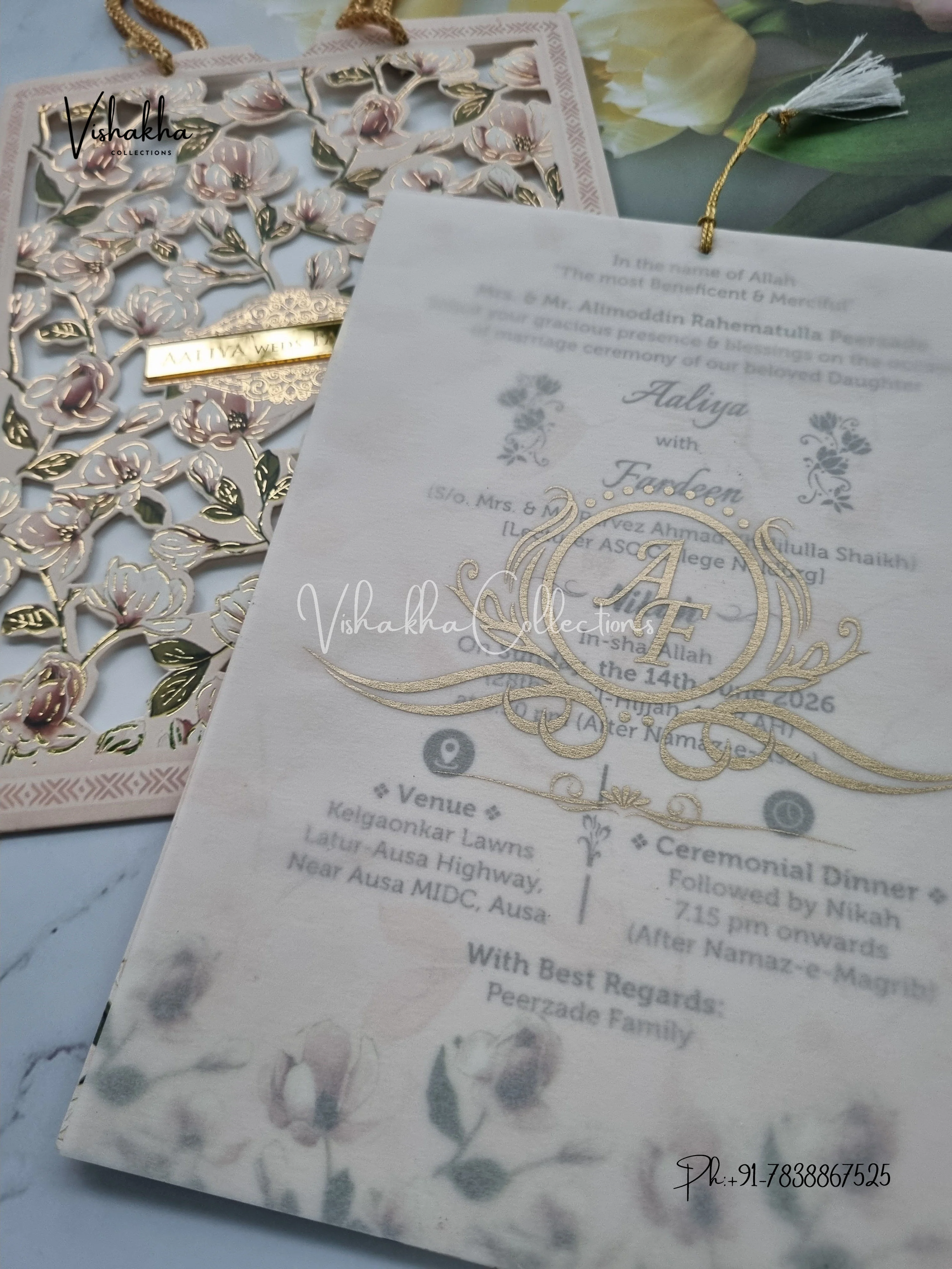 Flower Hindu Muslim Christian Sikh Laser Cut Carry Bag Vellum Paper invitation Cards VN-635 - Image 2