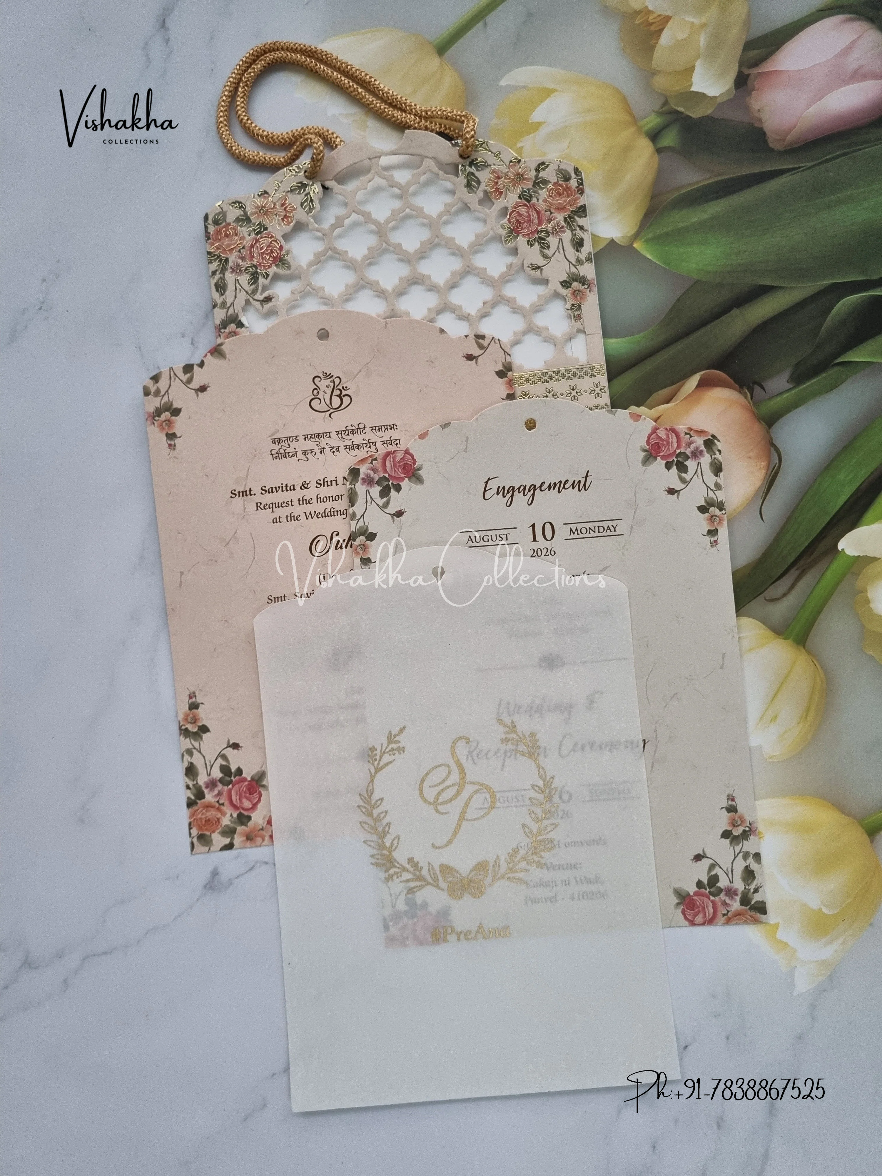 Flower Hindu Muslim Christian Sikh Laser Cut Vellum Paper invitation Cards VN-634 - Image 3