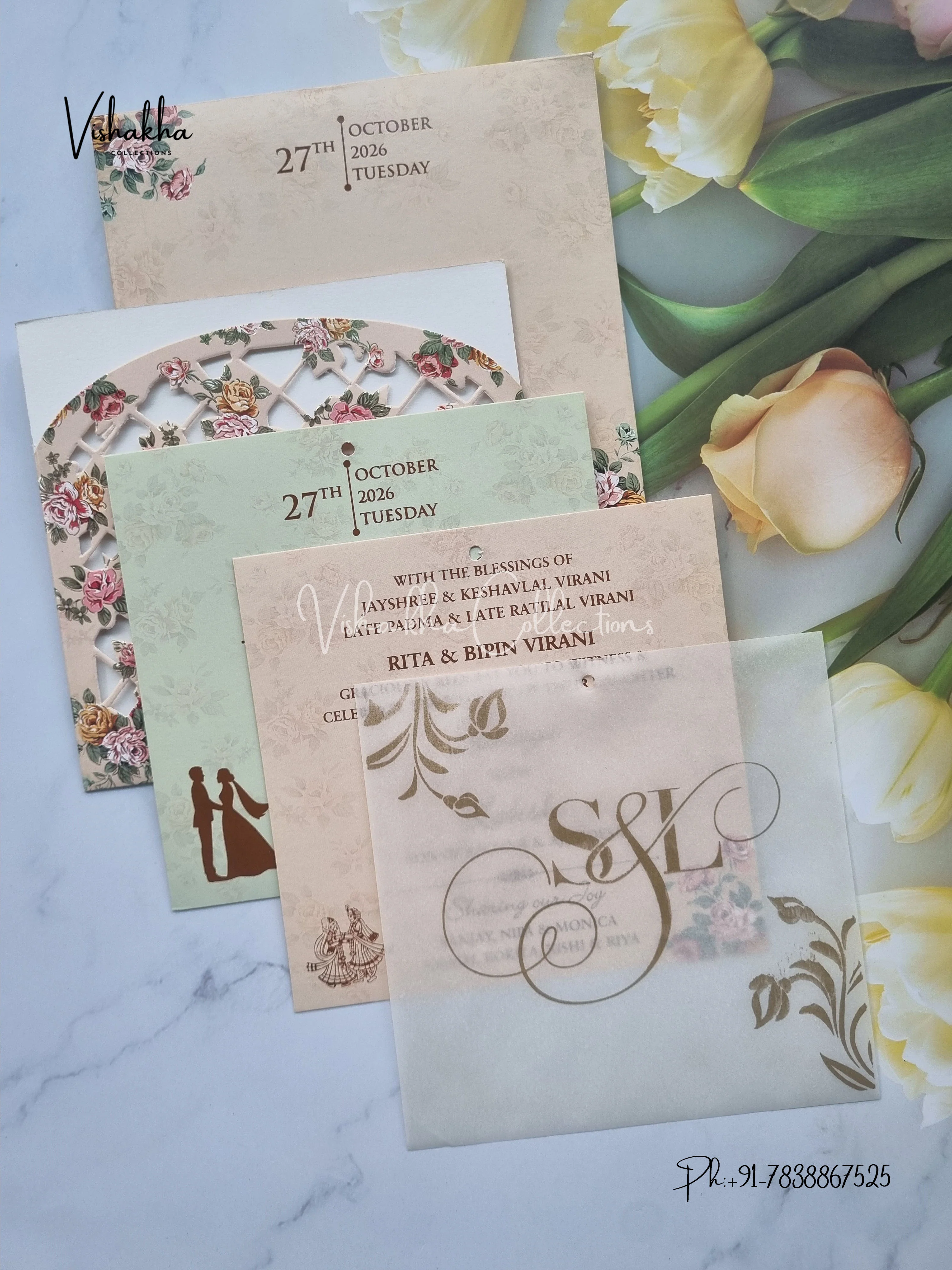 Flower Hindu Muslim Christian Sikh Laser Cut Vellum Paper invitation Cards VN-667 - Image 3