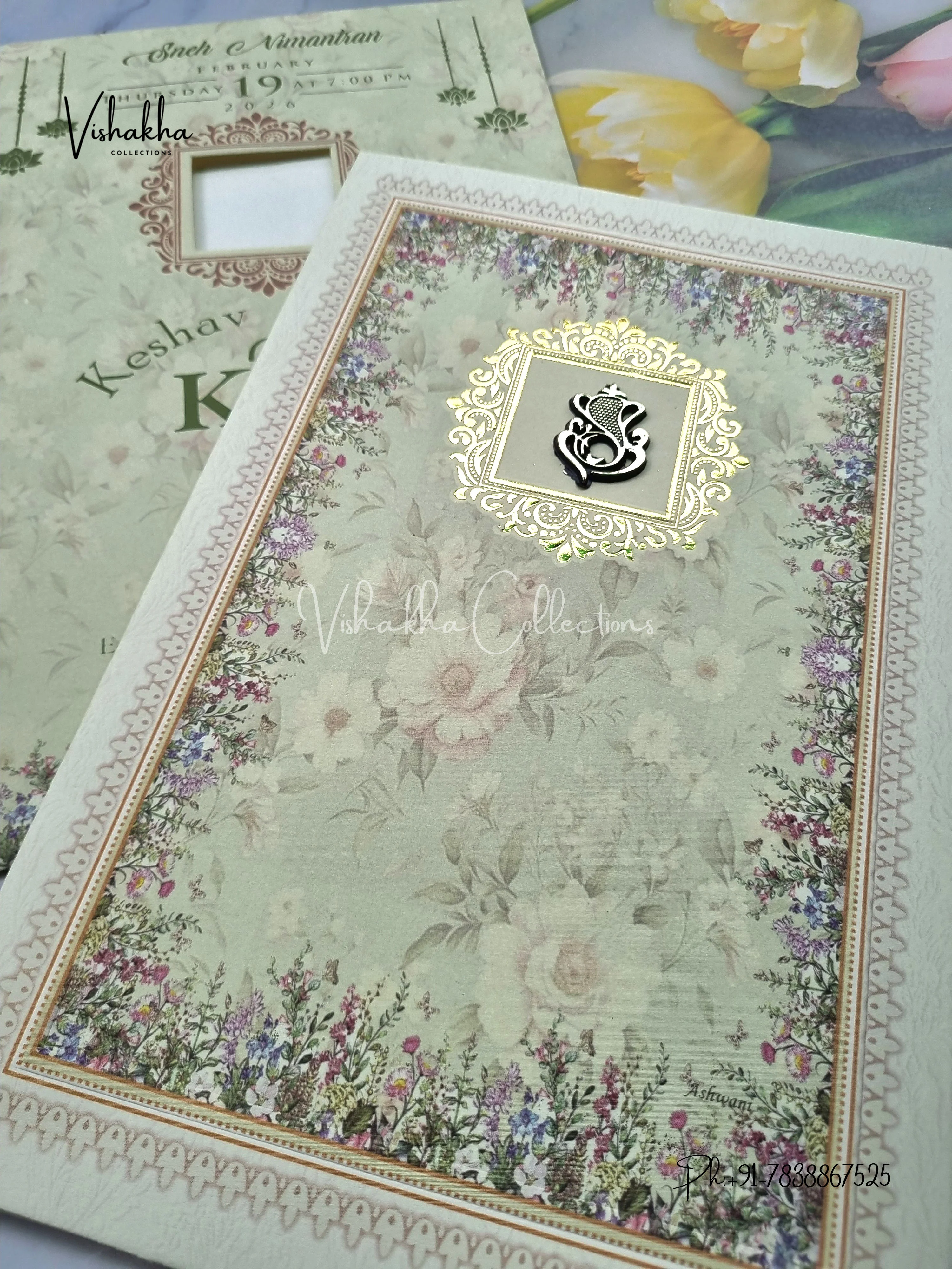 Flower Hindu Muslim Christian Sikh Light Green Colored invitation Cards NA-1125-169 - Image 2