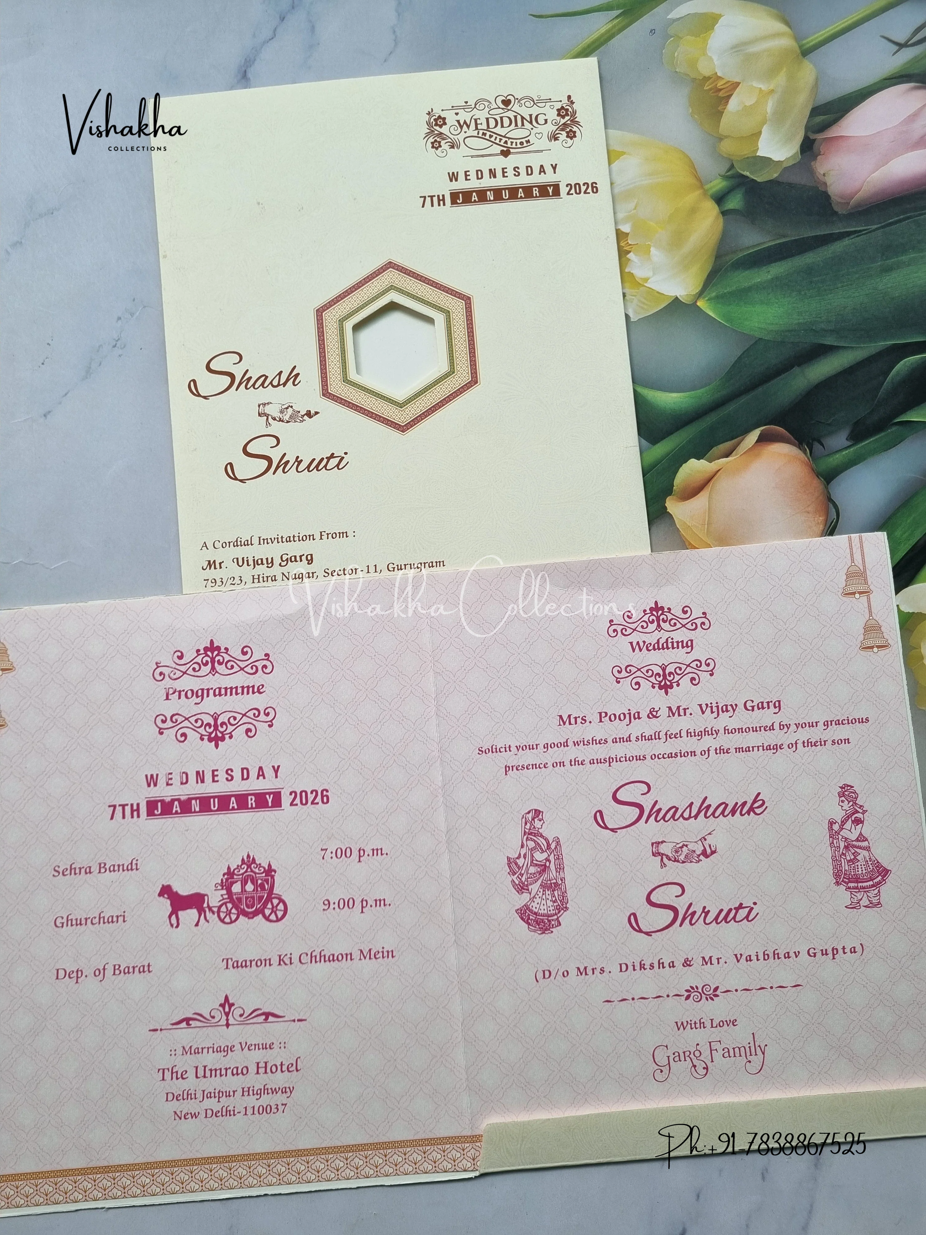 Flower Hindu Muslim Christian Sikh Light Yellow And Pink Colored invitation Cards NA-1125-99 - Image 3