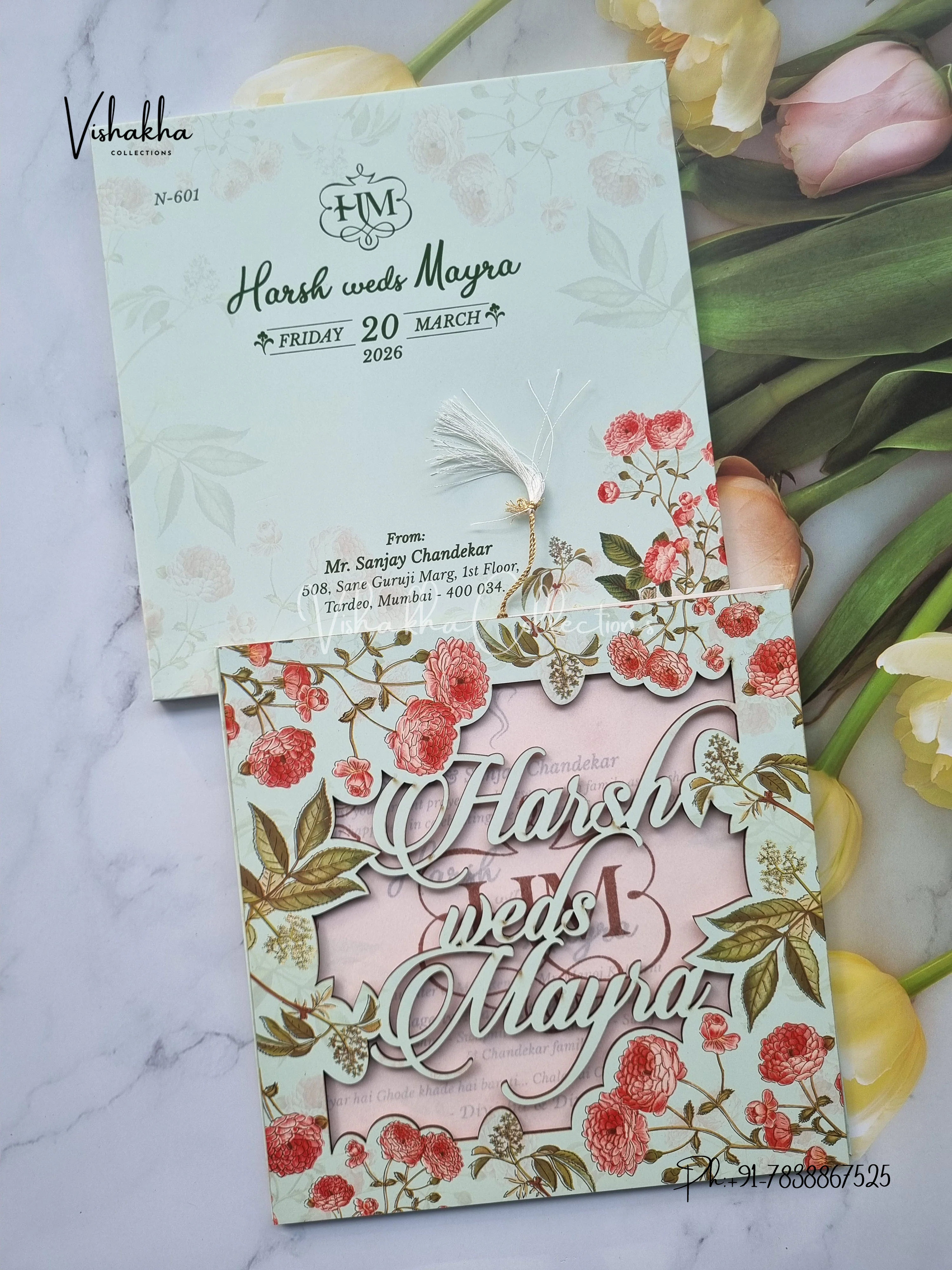 Flower Hindu Muslim Christian Sikh MDF Board Laser Cut Named MDF Laser Cut invitation Cards VN-601