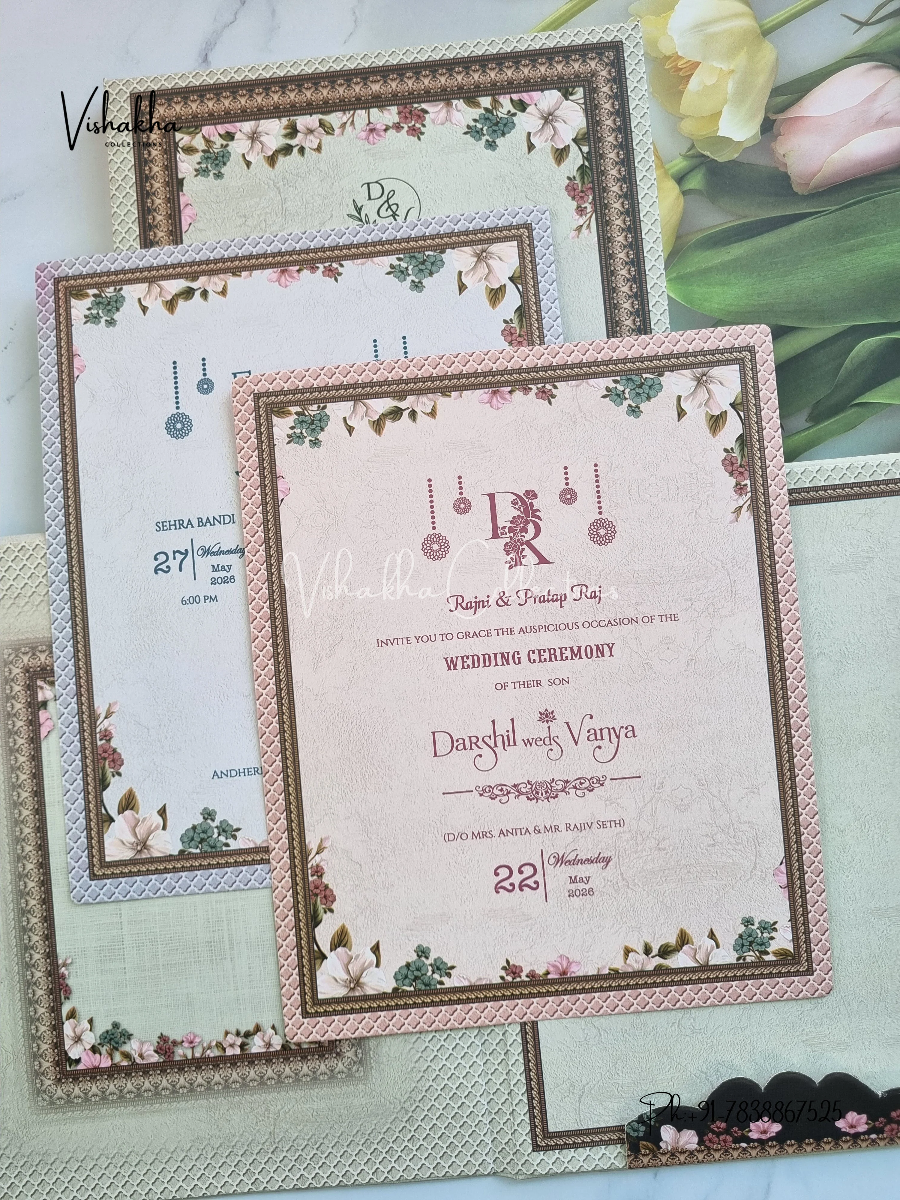Flower Hindu Muslim Christian Sikh Padded invitation Cards CR-8006 - Image 3