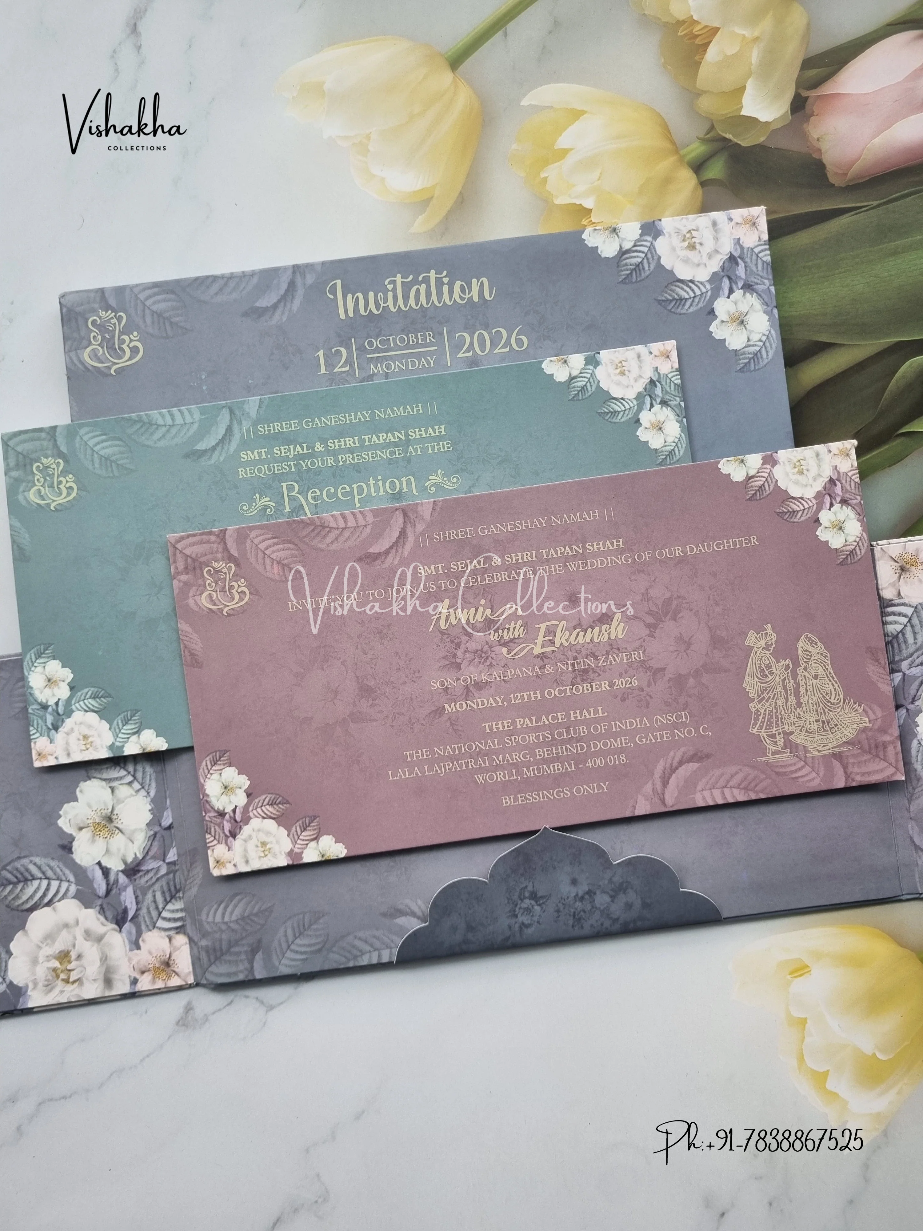 Flower Hindu Muslim Christian Sikh Padded invitation Cards VN-686 - Image 3