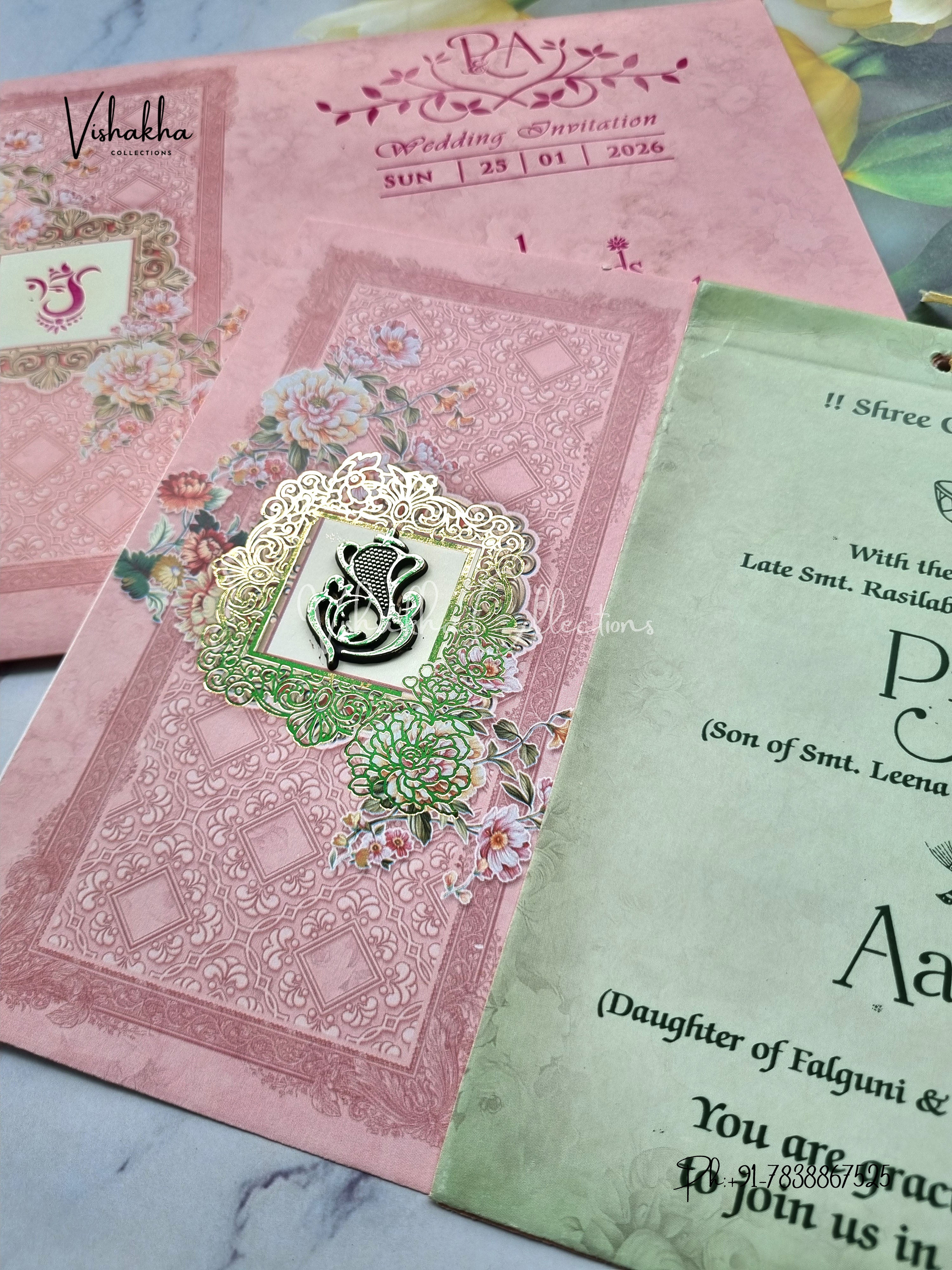 Flower Hindu Muslim Christian Sikh Pink Colored invitation Cards NA-1125-136 - Image 2