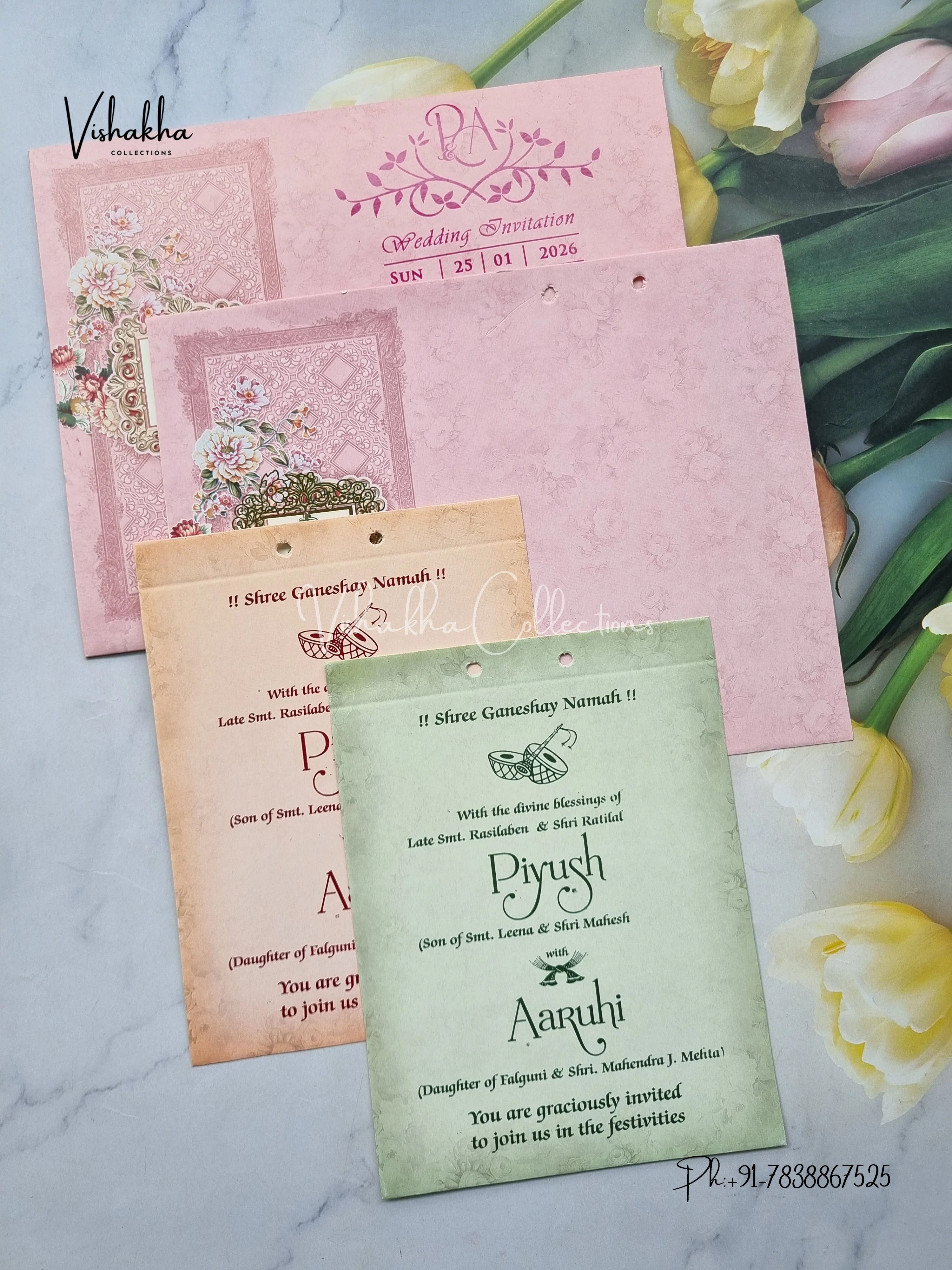 Flower Hindu Muslim Christian Sikh Pink Colored invitation Cards NA-1125-136 - Image 3