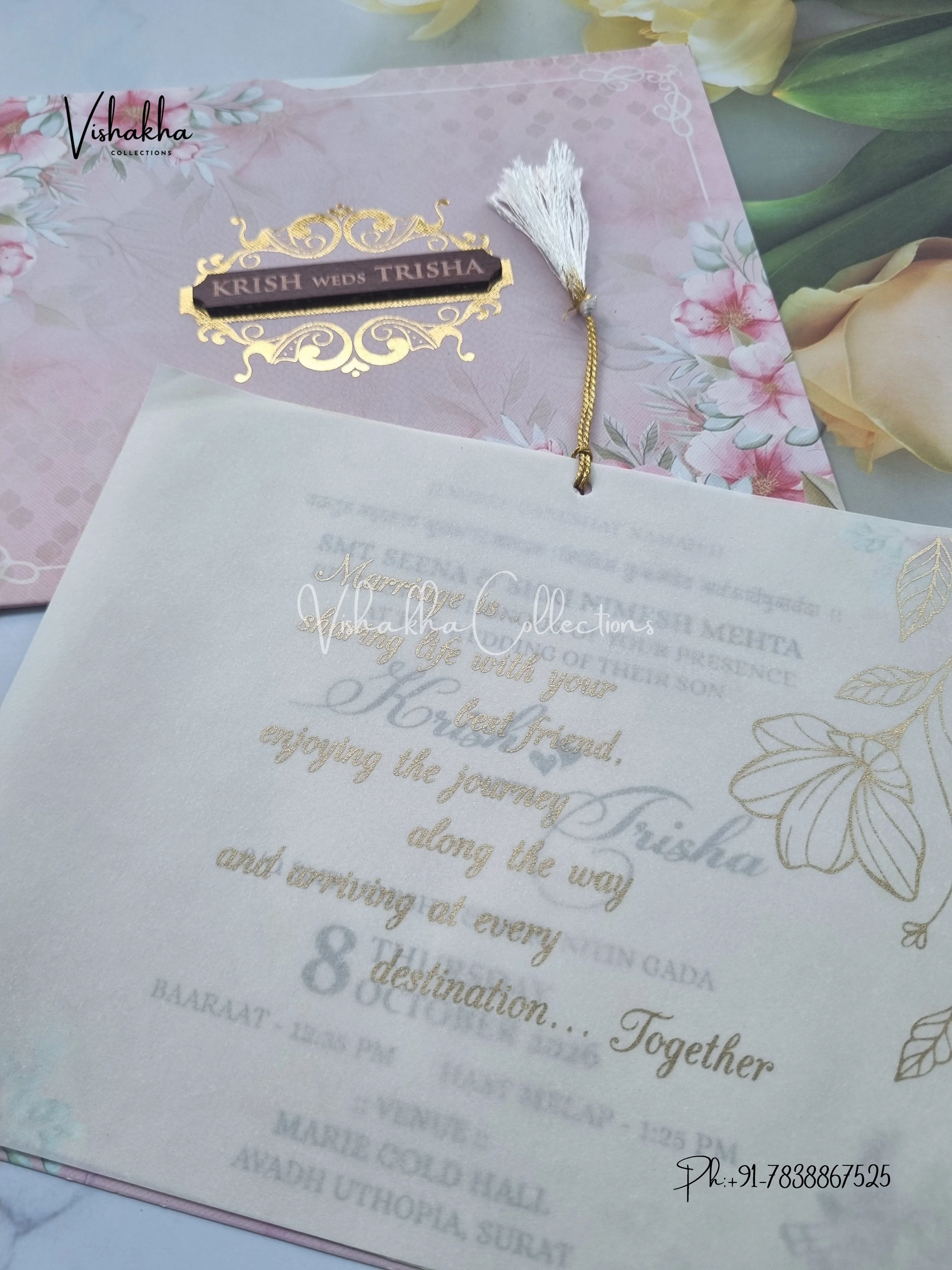 Flower Hindu Muslim Christian Sikh Vellum Paper invitation Cards VN-640 - Image 2