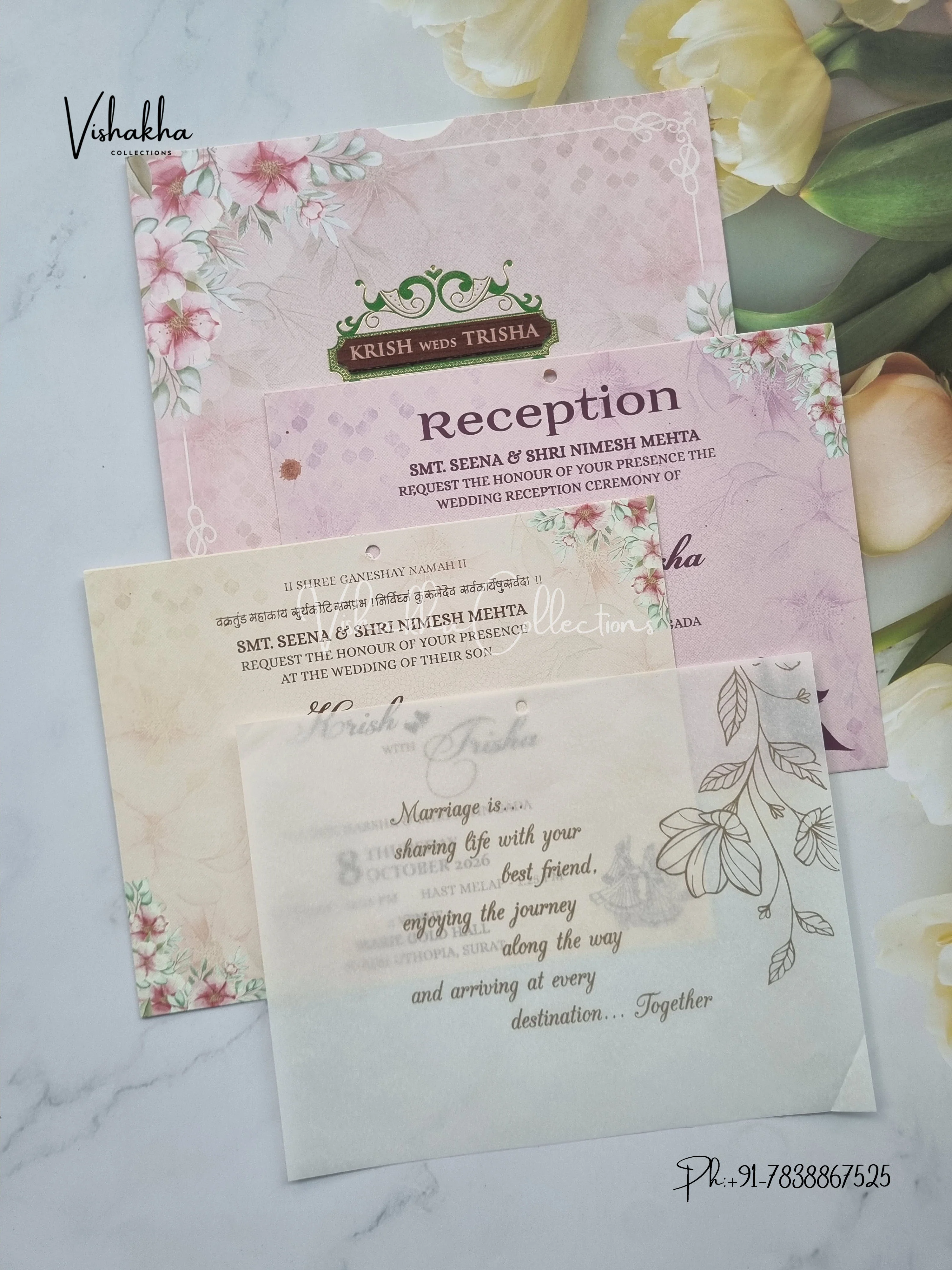 Flower Hindu Muslim Christian Sikh Vellum Paper invitation Cards VN-640 - Image 3