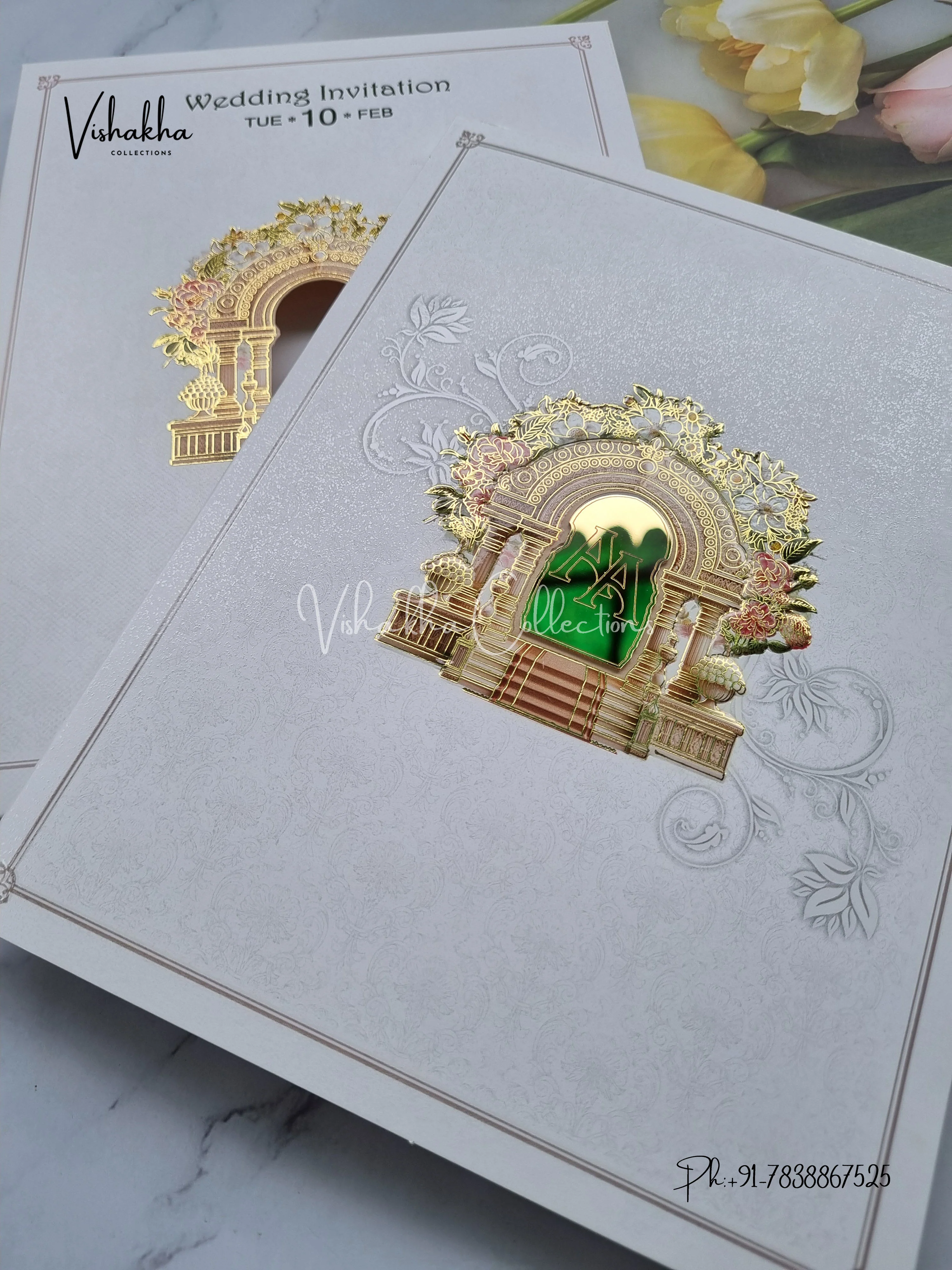 Flower White And golden Hindu Muslim Christian Sikh invitation Cards EJ-5105 - Image 2