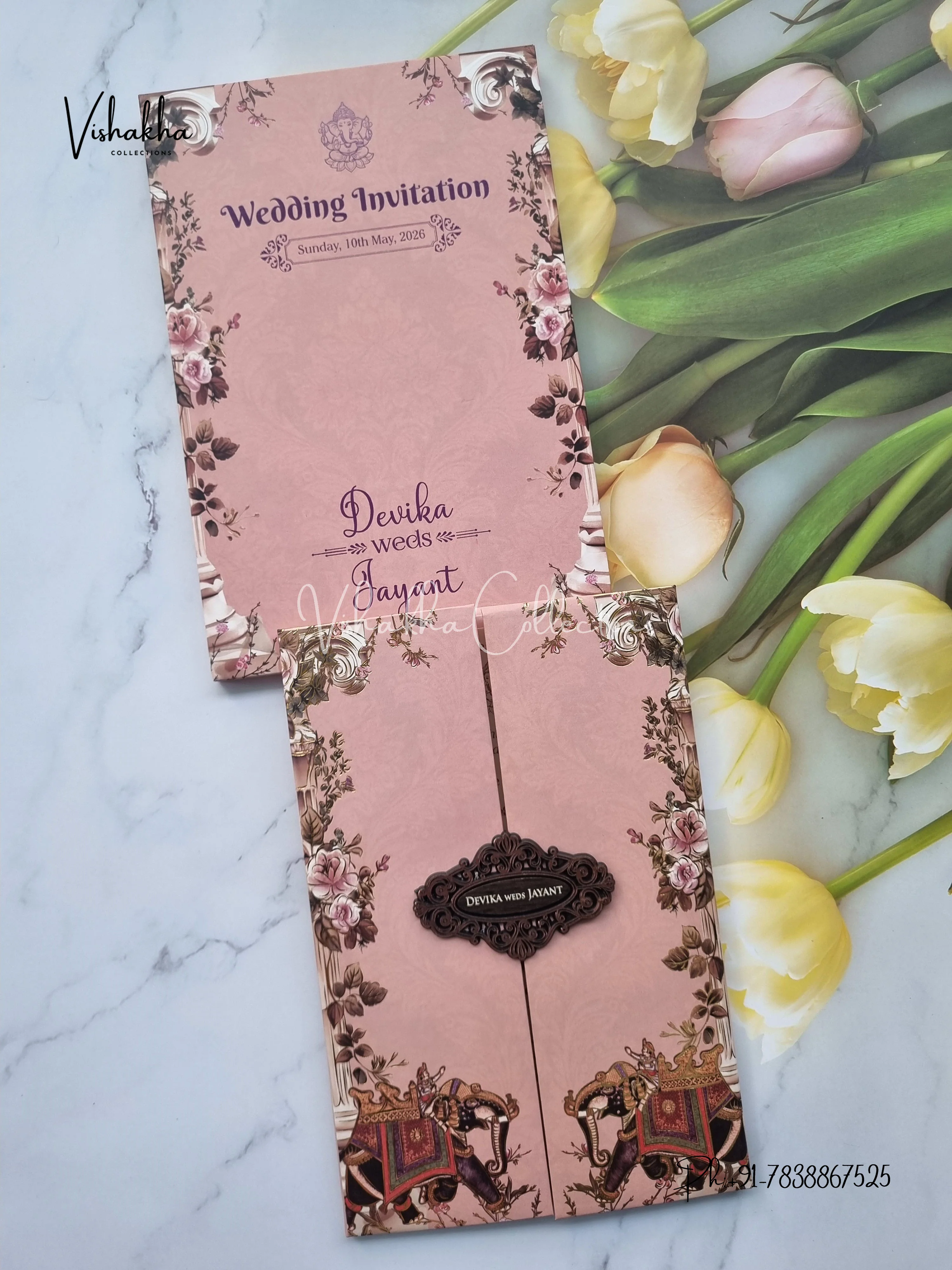 Hathi Double Door Hindu Sikh Padded invitation Cards VN-743
