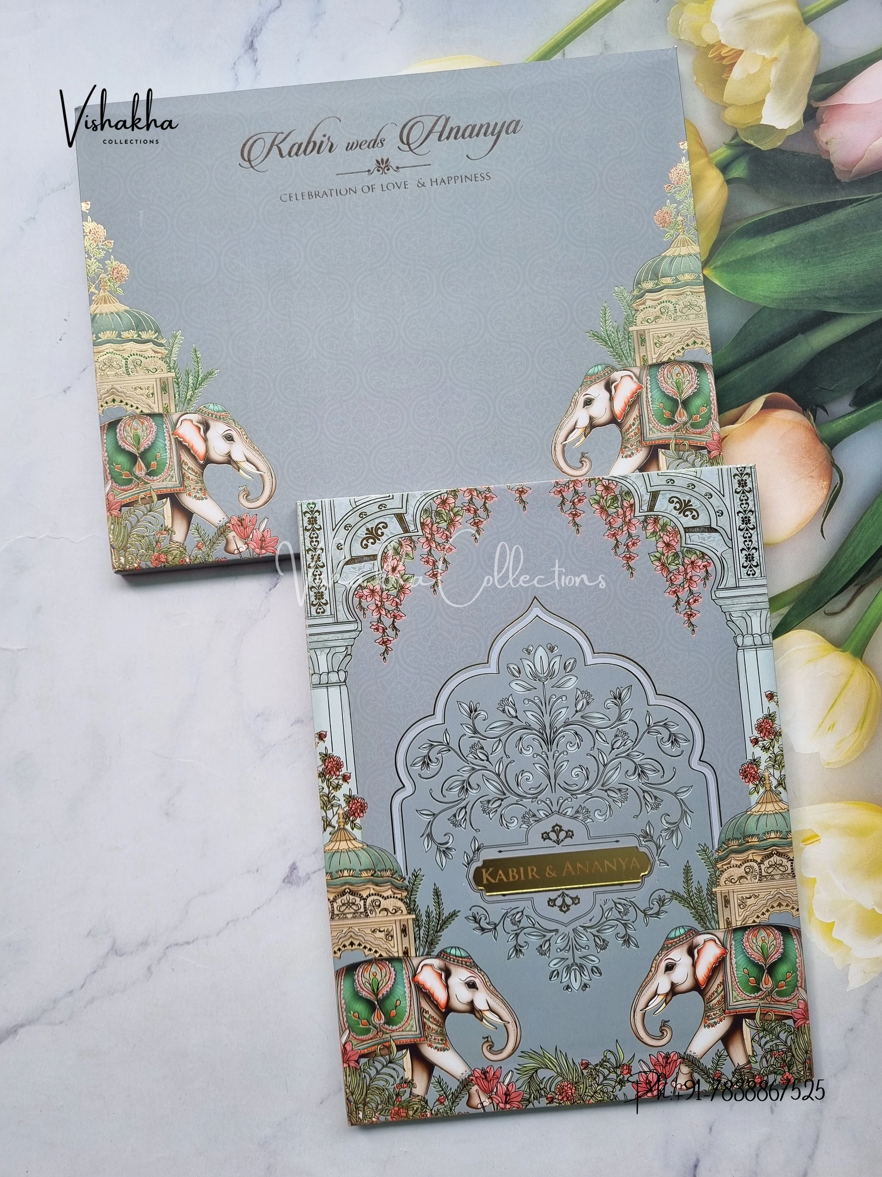 Hathi Hindu Muslim Christian Sikh Padded greyish blue Colored invitation Cards SK-3488
