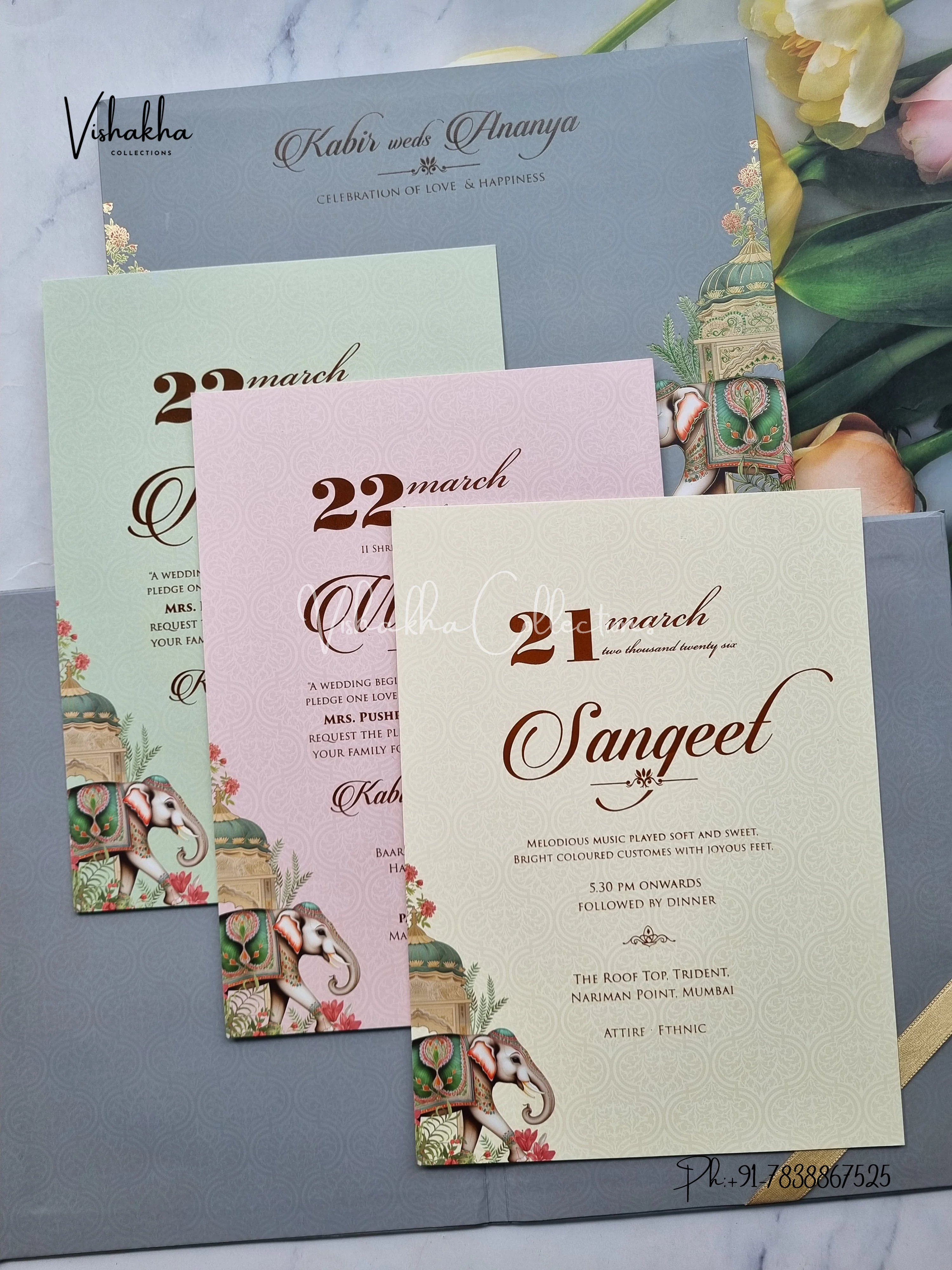 Hathi Hindu Muslim Christian Sikh Padded greyish blue Colored invitation Cards SK-3488 - Image 3