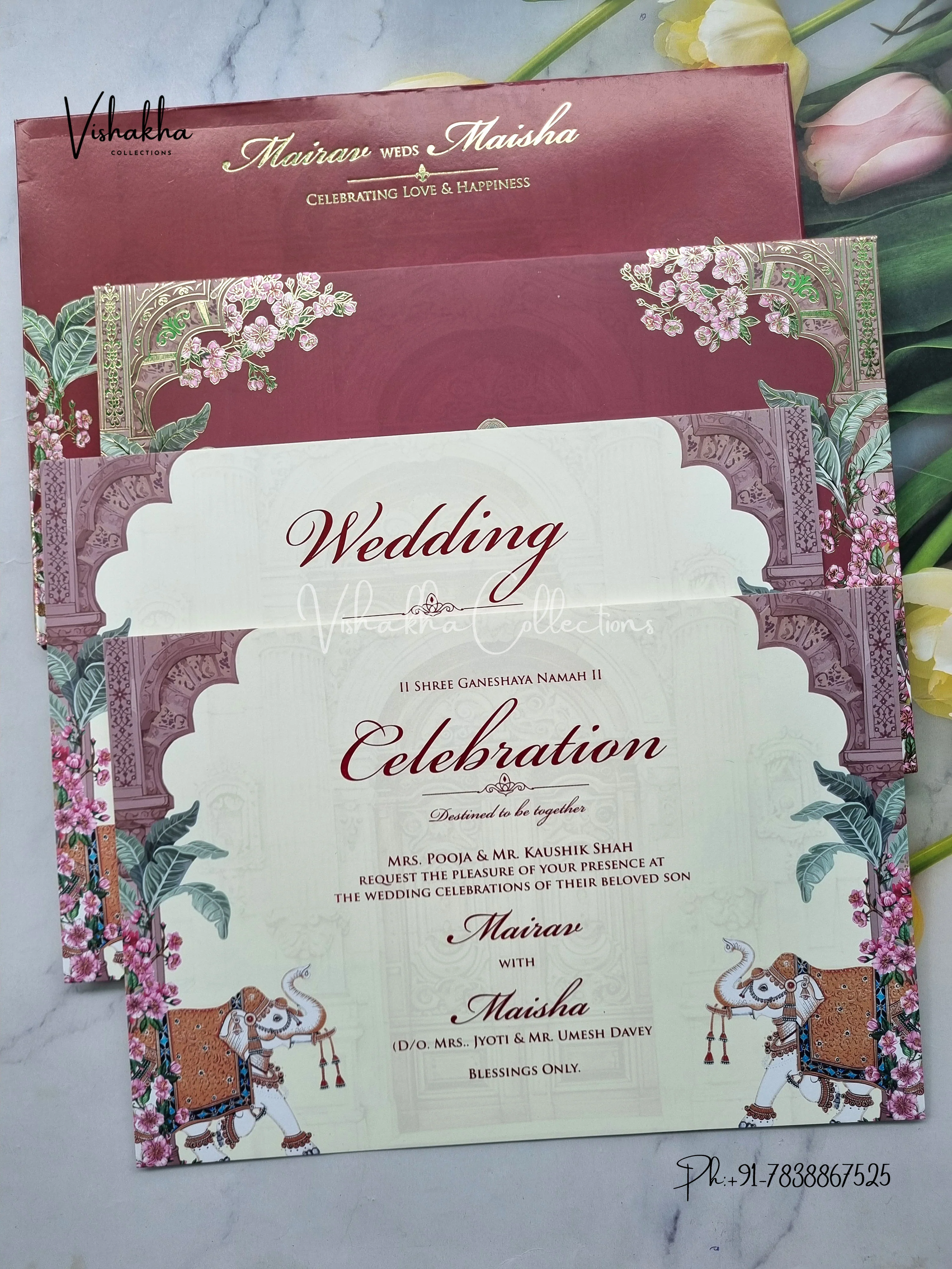 Hathi Hindu Muslim Christian Sikh Padded mehroon Colored invitation Cards SK-3461 - Image 3