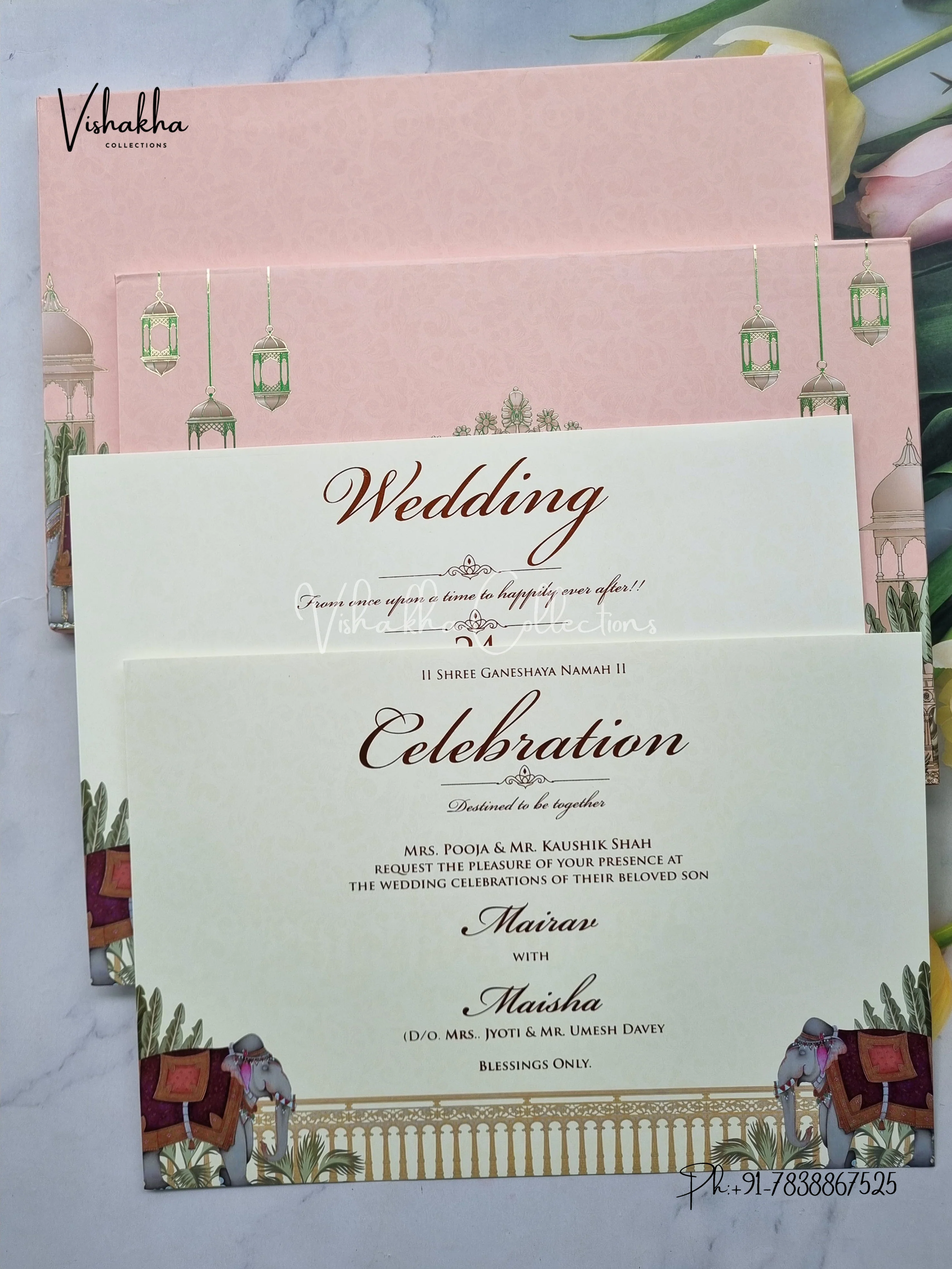 Hathi Hindu Muslim Christian Sikh Padded peach Colored invitation Cards SK-3453 - Image 3