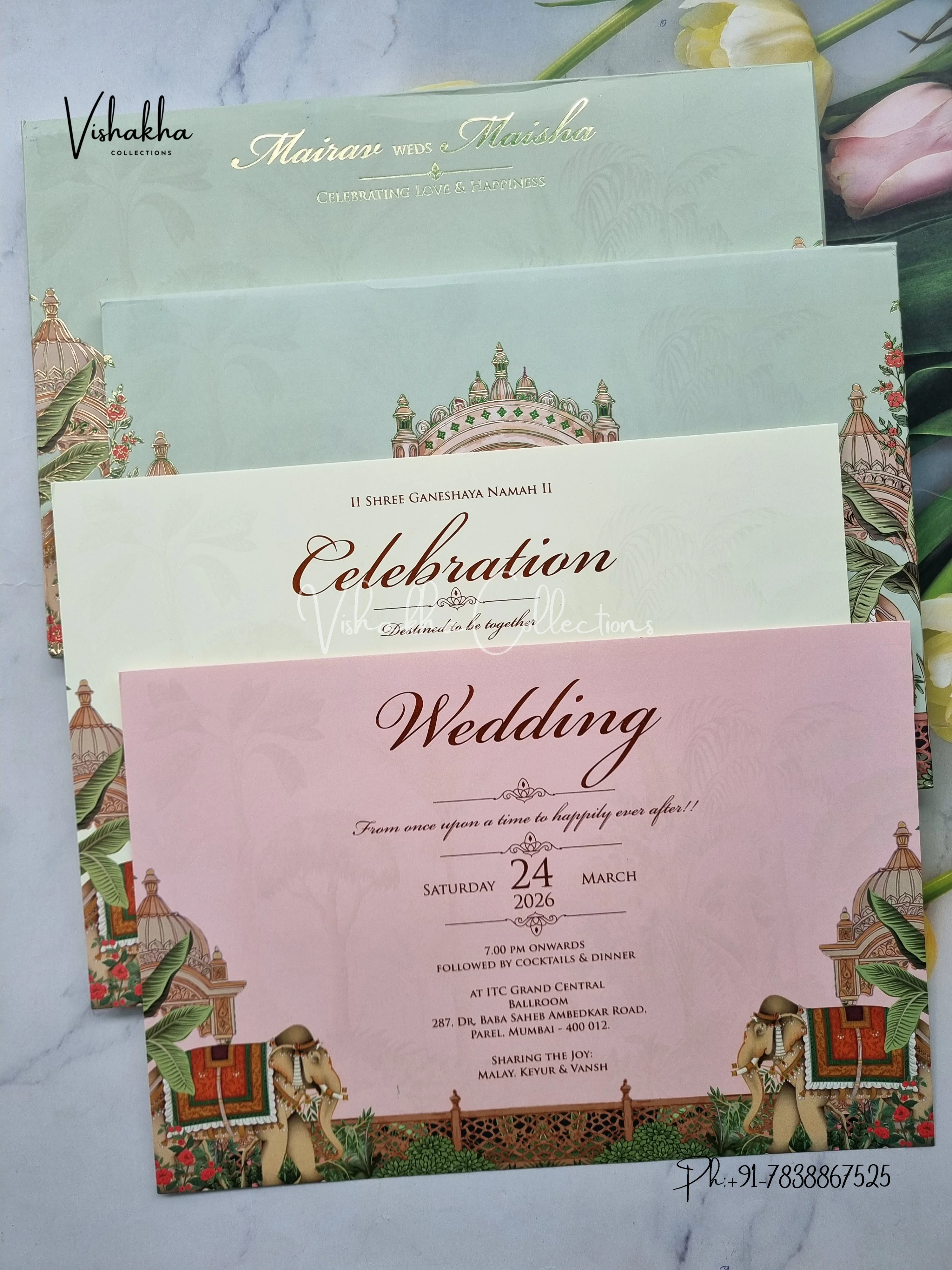 Hathi Hindu Muslim Christian Sikh Padded pista green Colored invitation Cards SK-3455 - Image 3