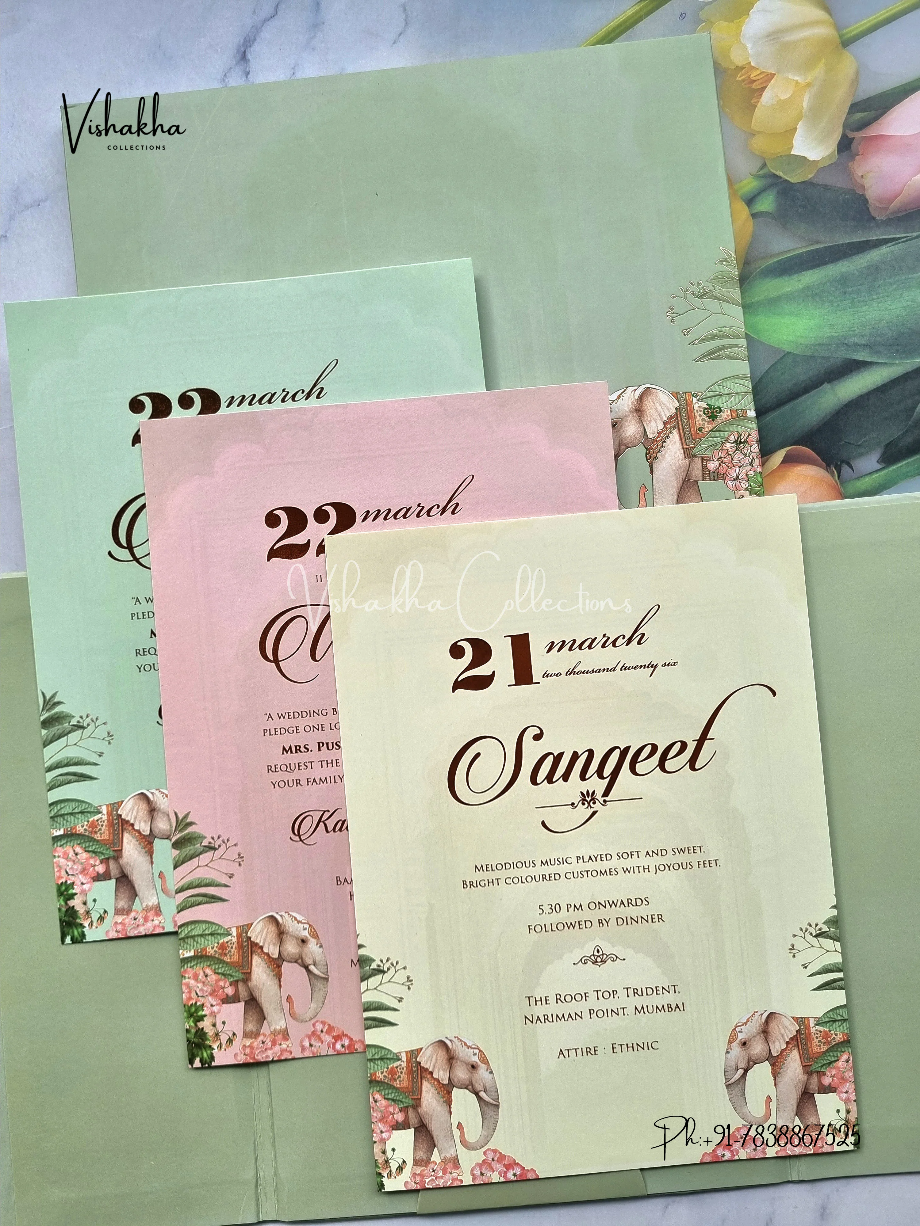 Hathi Hindu Muslim Christian Sikh Padded pista green Colored invitation Cards SK-3486 - Image 3