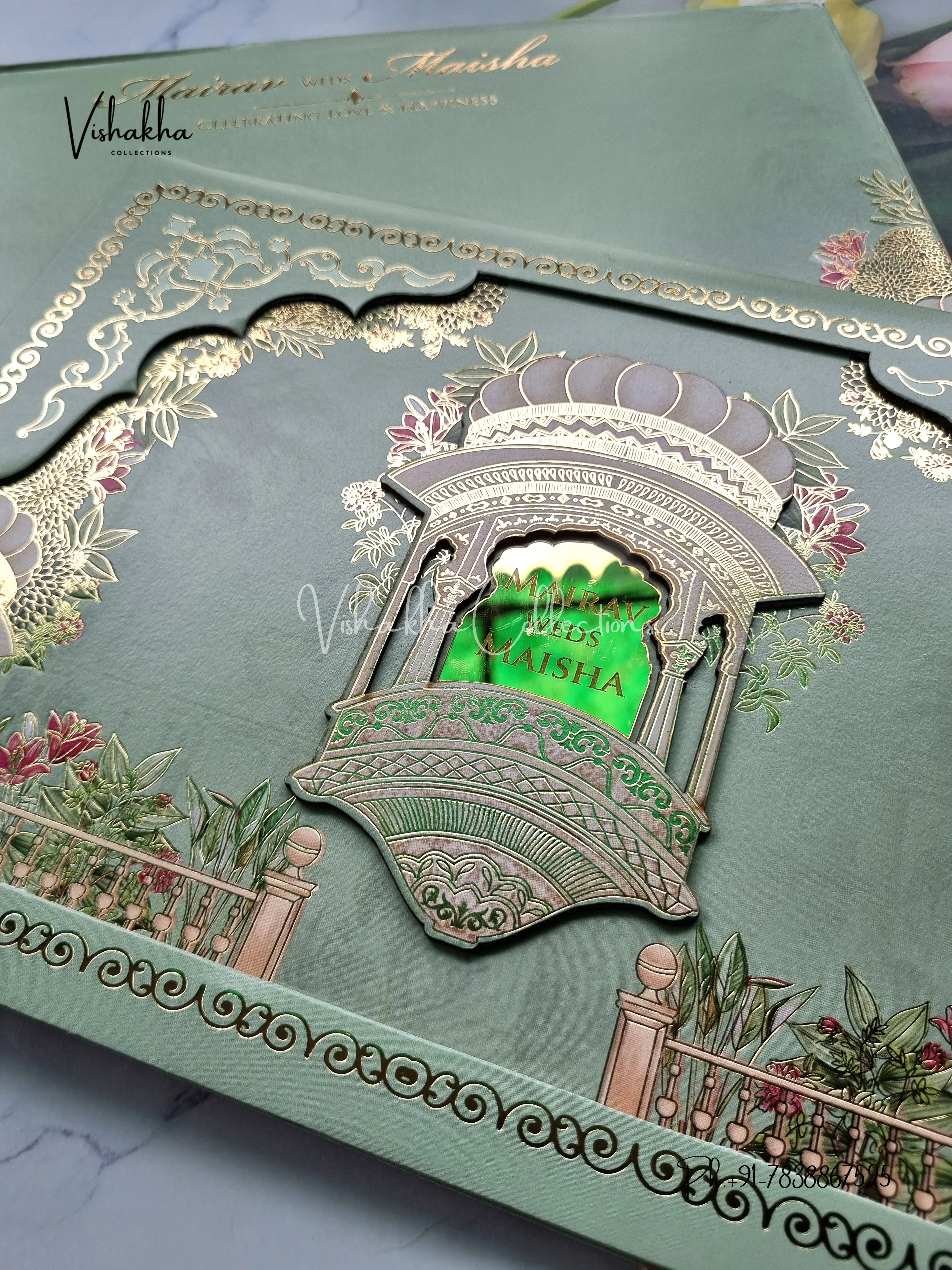 Hindu Muslim Christian Sikh Padded pista green Colored invitation Cards SK-3465 - Image 2