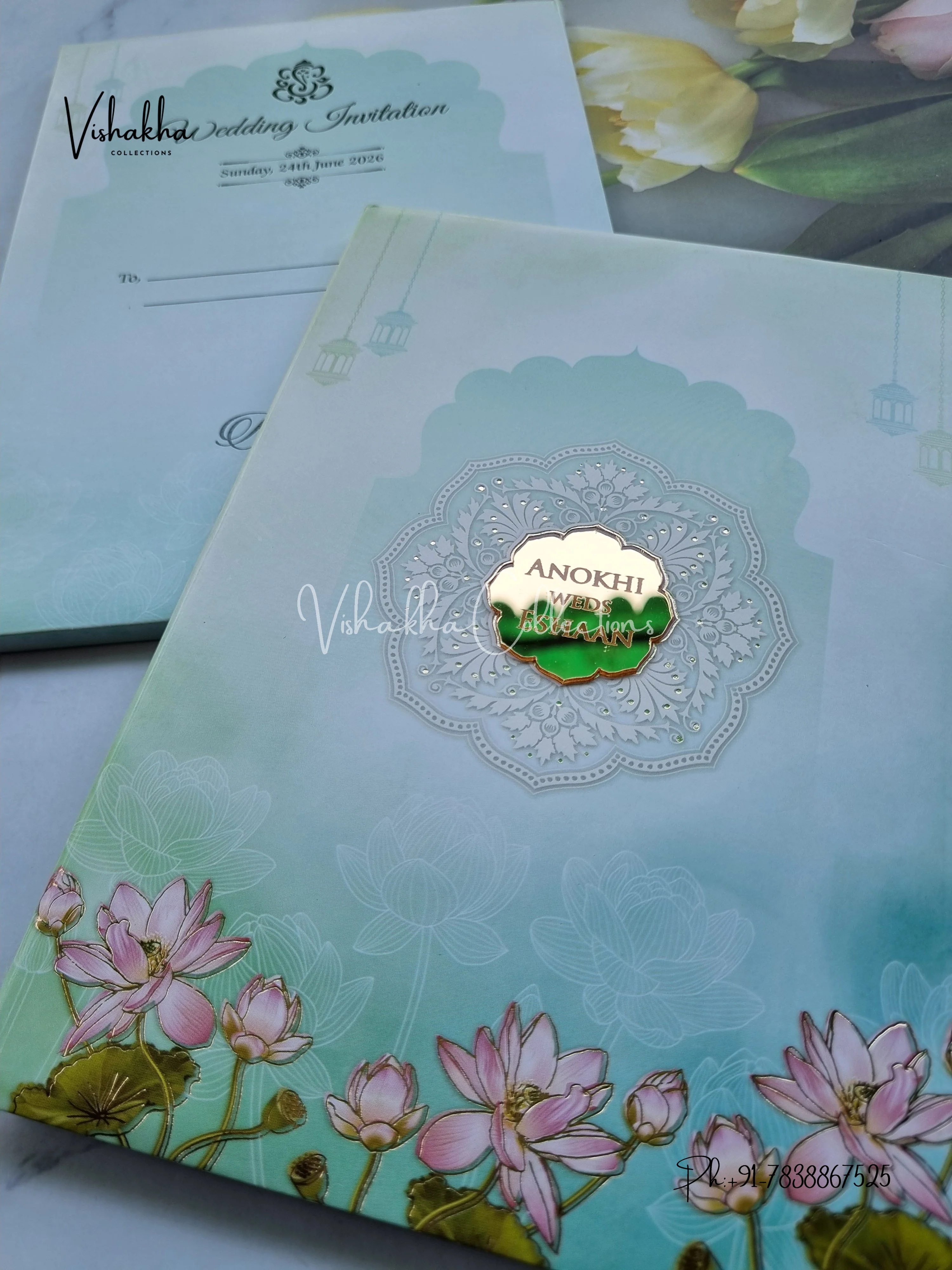 Lotus Flower Hindu Muslim Christian Sikh Padded Colored invitation Cards CC-3622 - Image 2