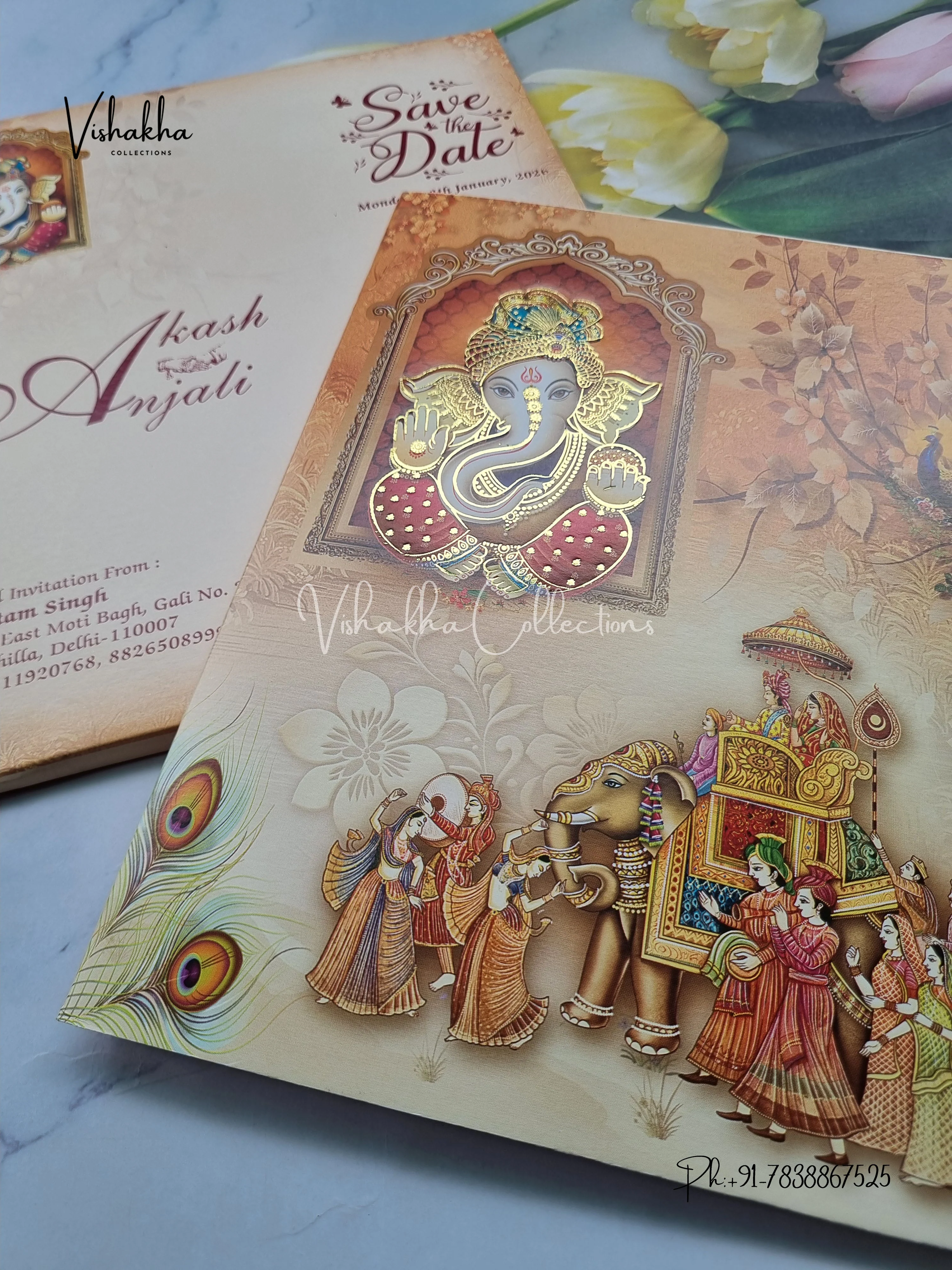Peacock Barat Semi Box Ganesh Ji Hindu Yellow Brown Colored invitation Cards NA-1125-29 - Image 2
