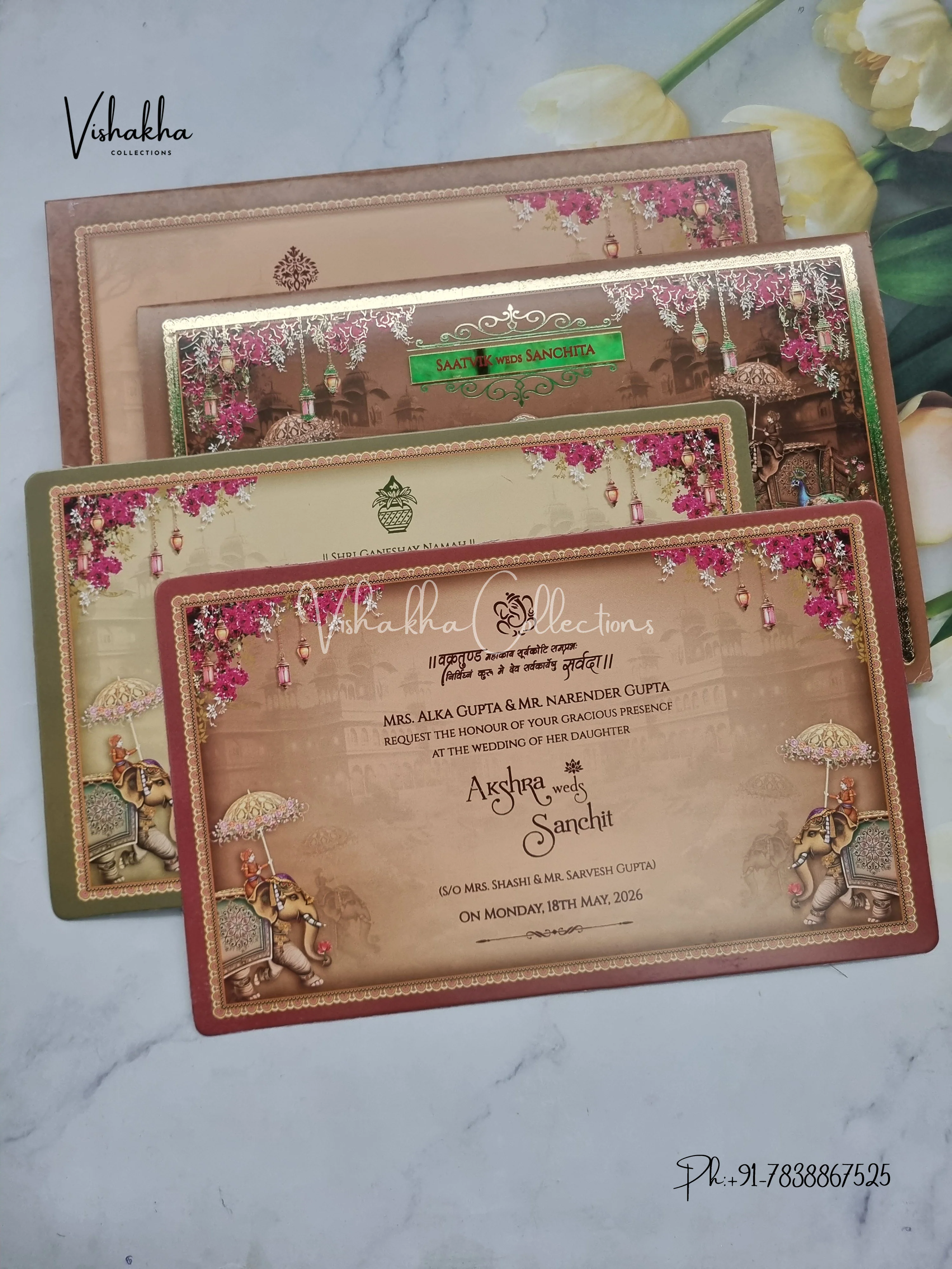 Peacock Barat Semi Box Hathi Hindu Sikh invitation Cards CR-7072 - Image 3