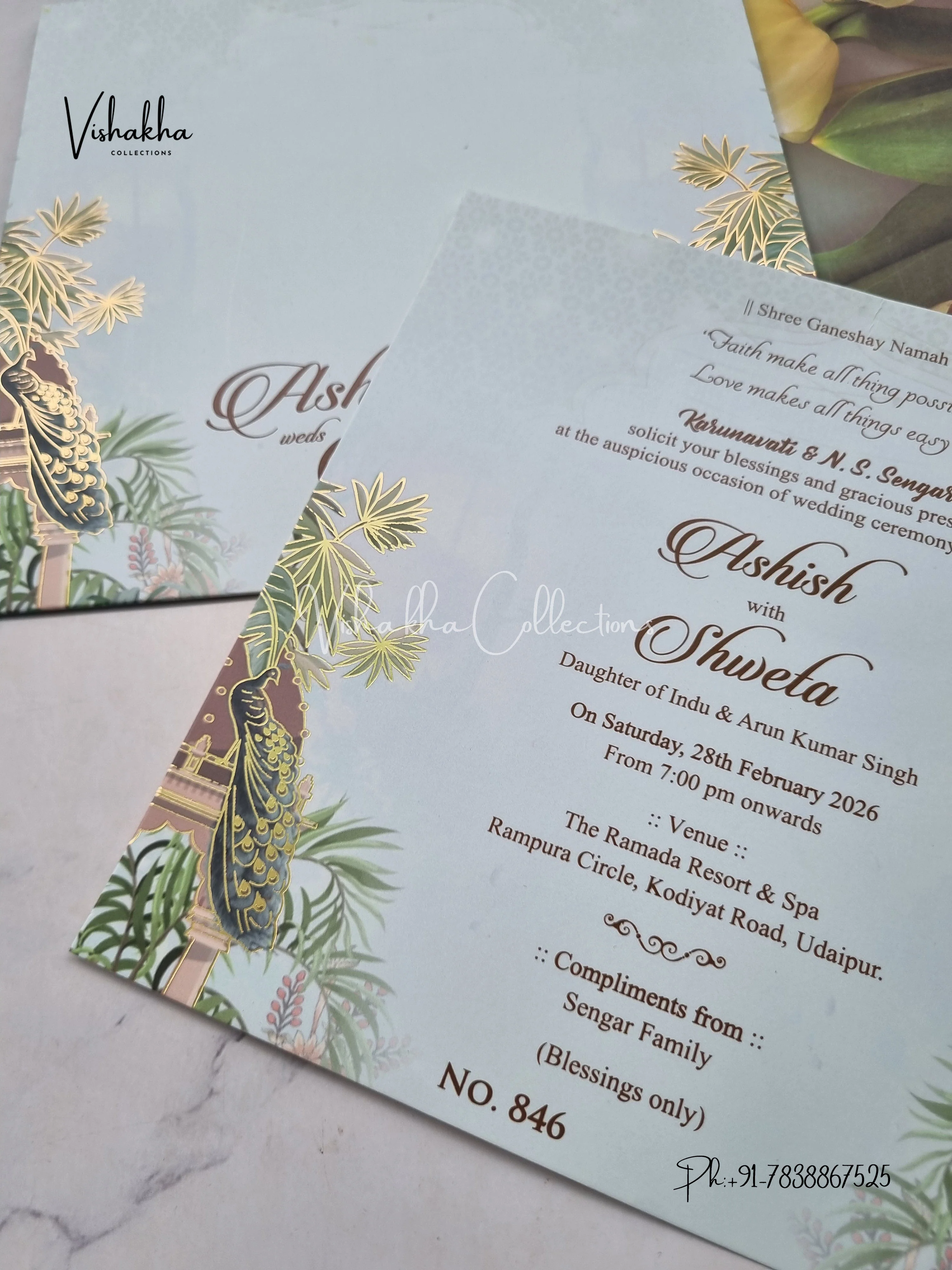 Peacock Flower Hindu Muslim Christian Sikh invitation Cards LN-846 - Image 2
