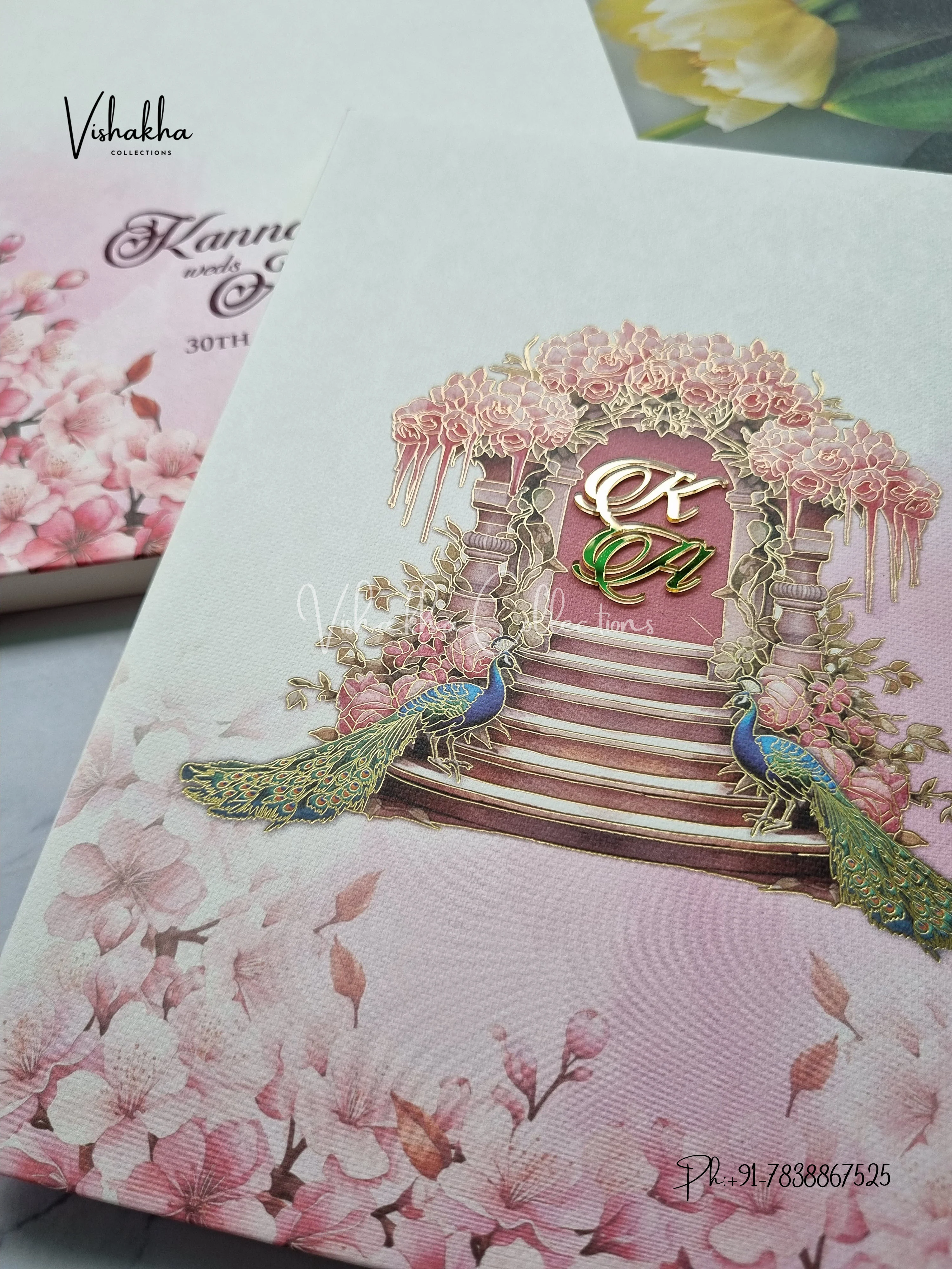Peacock Flower Hindu Muslim Christian Sikh Padded Colored invitation Cards LN-917 - Image 2