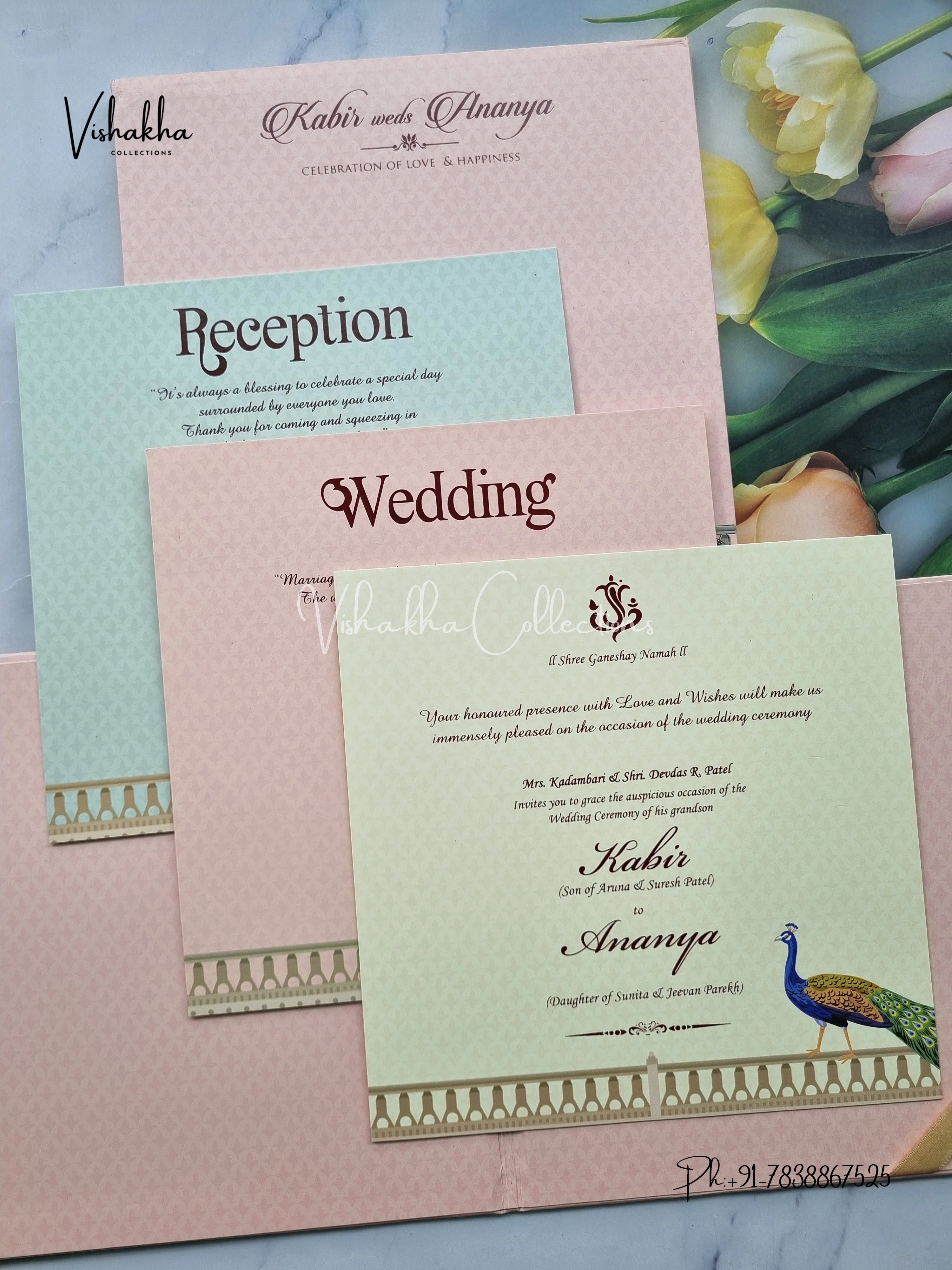 Peacock Hindu Muslim Christian Jain Sikh Padded MDF Board Laser Cut peach Colored invitation Cards SK-3401 - Image 3