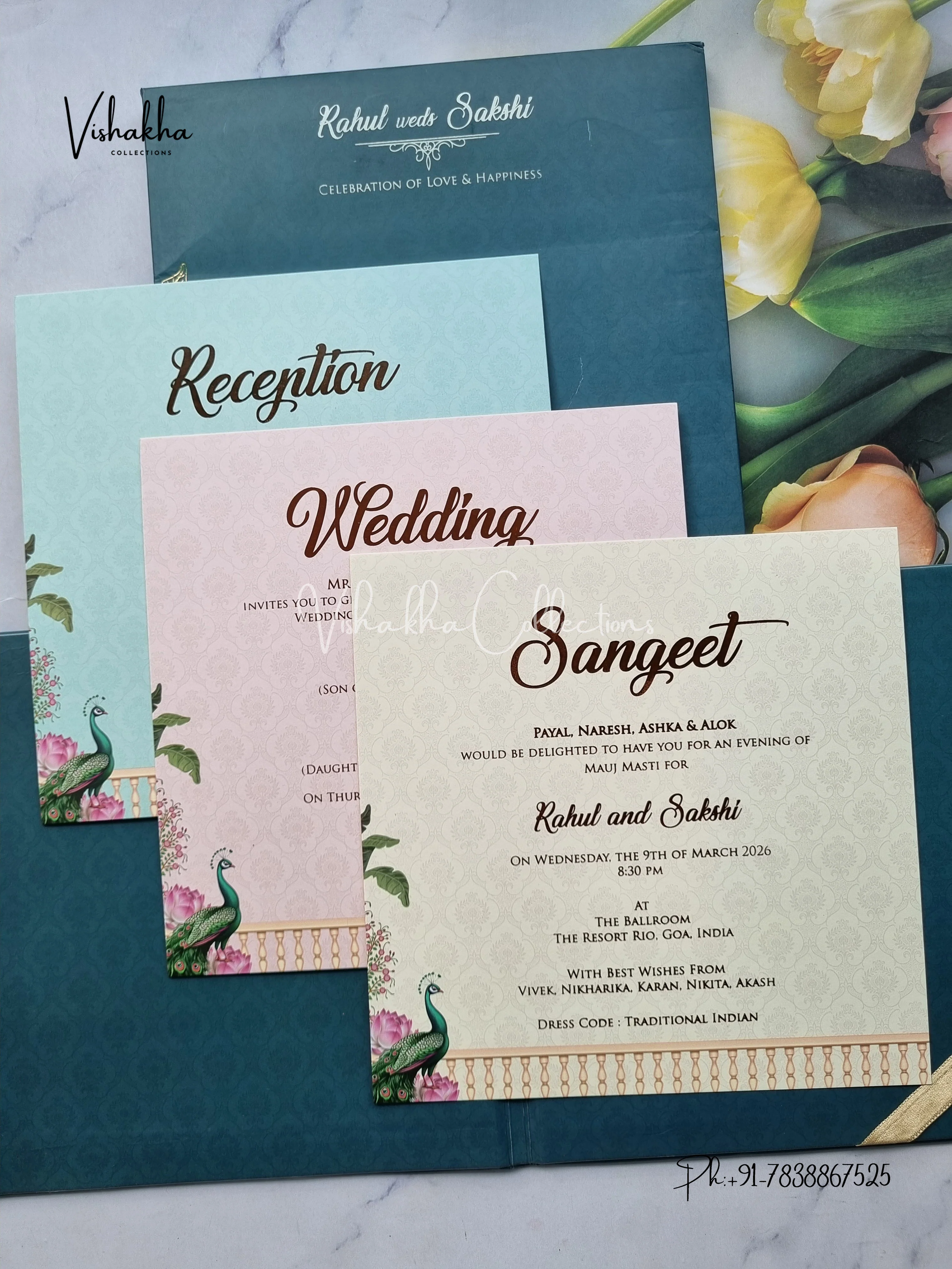 Peacock Hindu Muslim Christian Sikh Padded aqua green Colored invitation Cards SK-3526 - Image 3