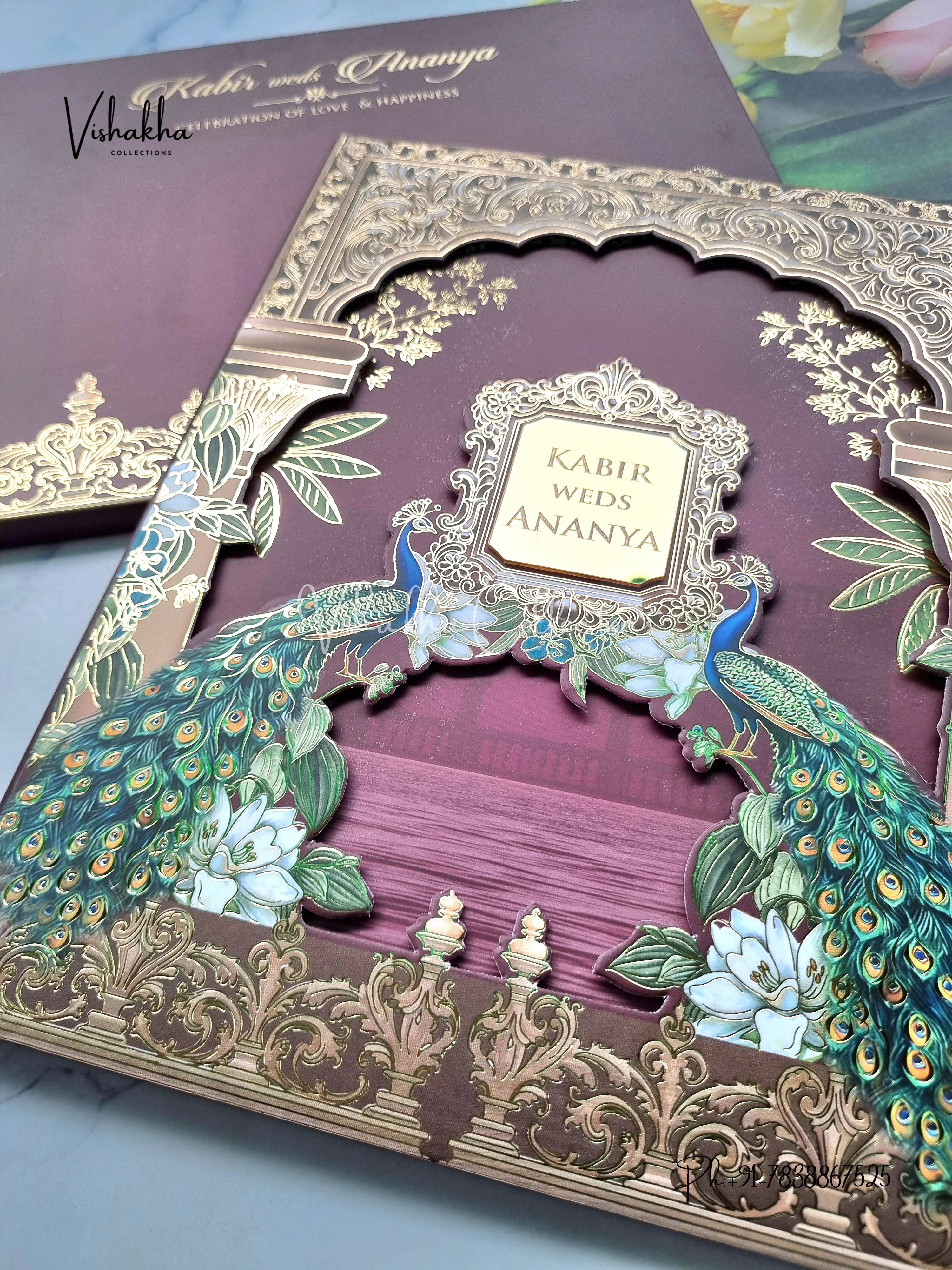 Peacock Hindu Muslim Christian Sikh Padded MDF Board Laser Cut dark mehroon Colored invitation Cards SK-3489 - Image 2