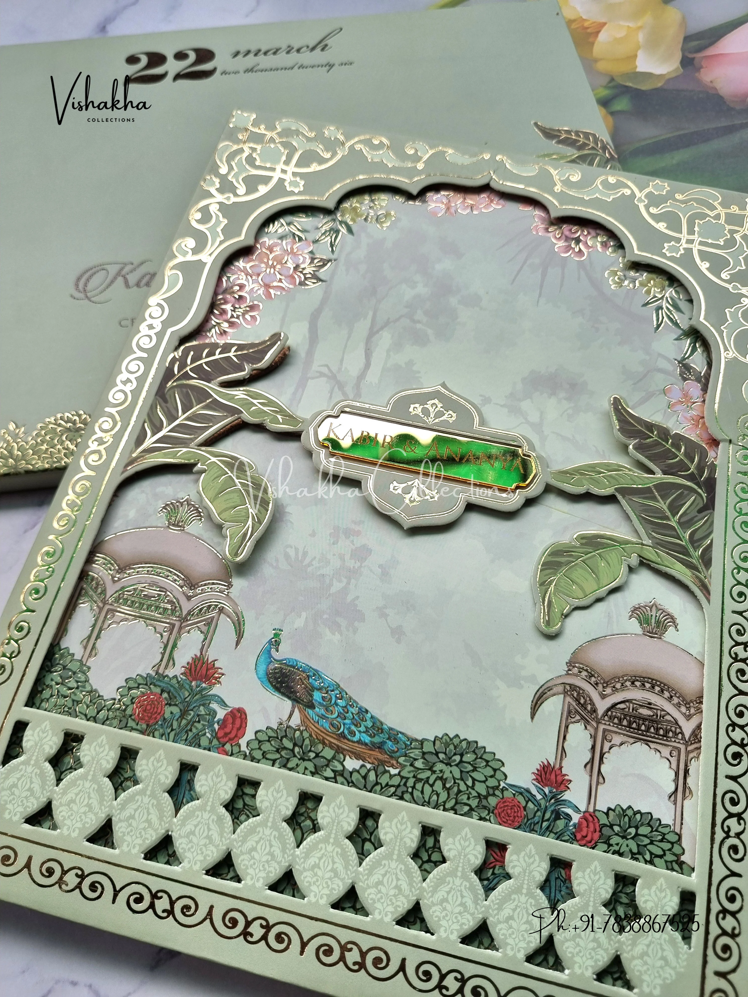 Peacock Hindu Muslim Christian Sikh Padded MDF Board Laser Cut pista green Colored invitation Cards SK-3381 - Image 2