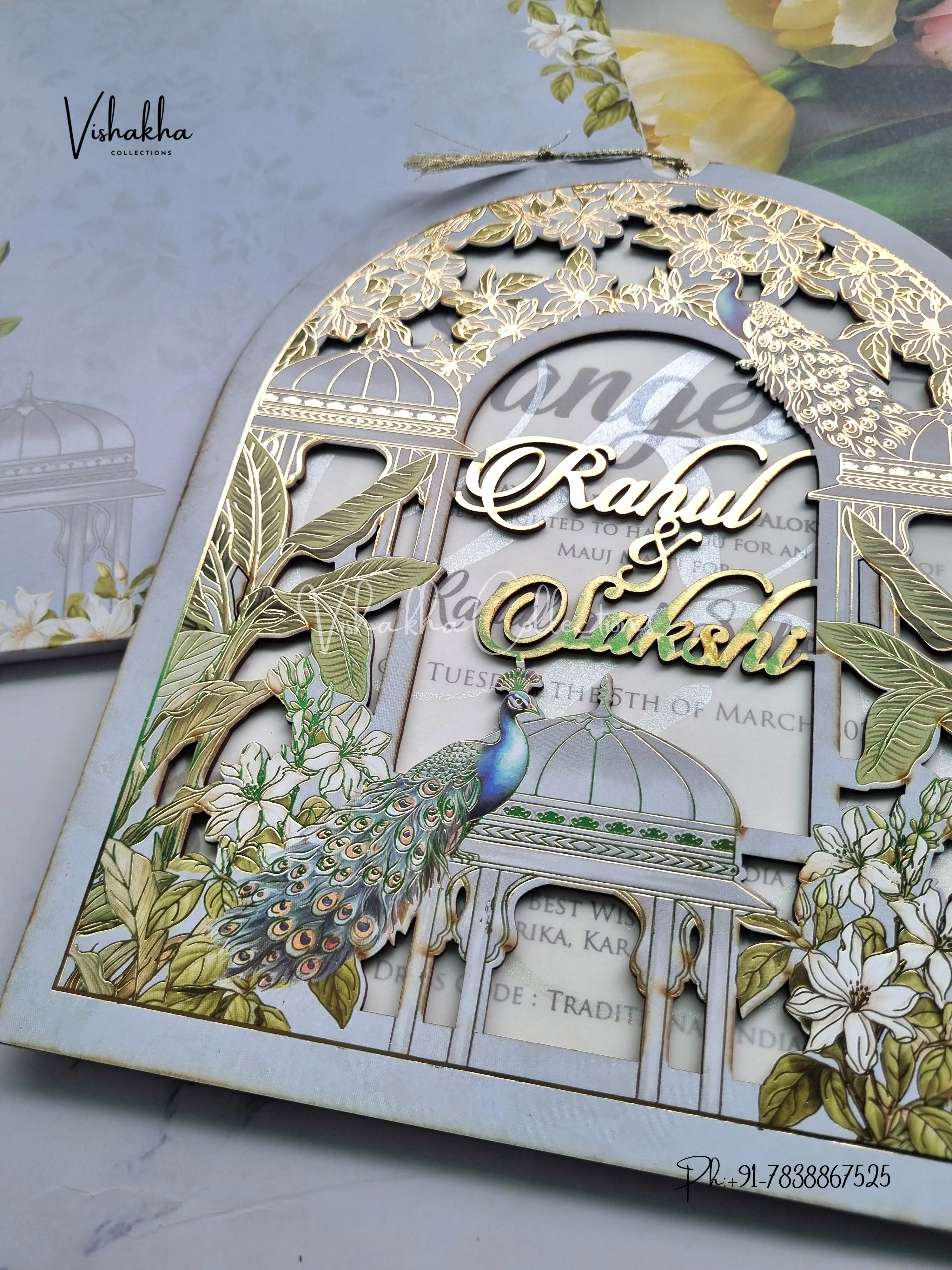 Peacock Semi Box Flower Hindu Muslim Christian Sikh Named MDF Laser Cut blue Colored invitation Cards SK-3469 - Image 2