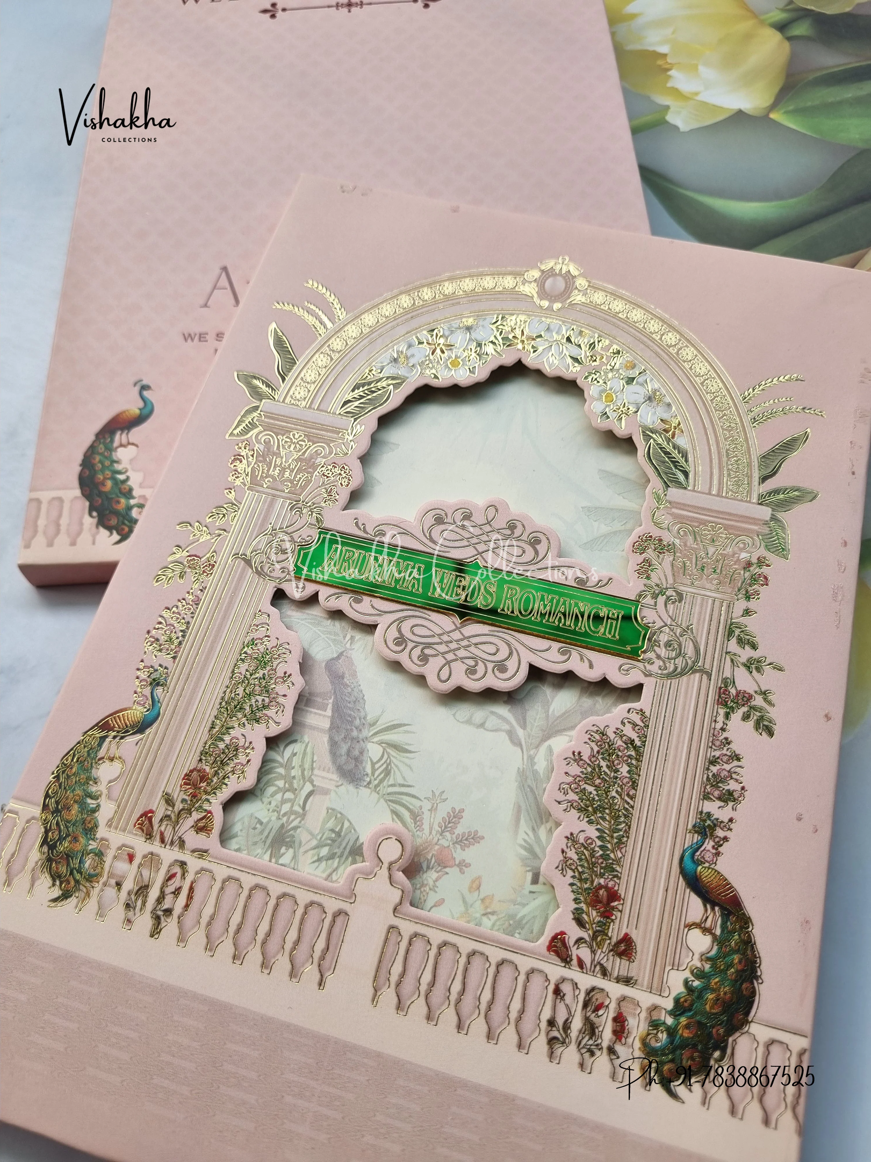 Peacock Semi Box Hindu Sikh Padded invitation Cards EJ-5032 - Image 2
