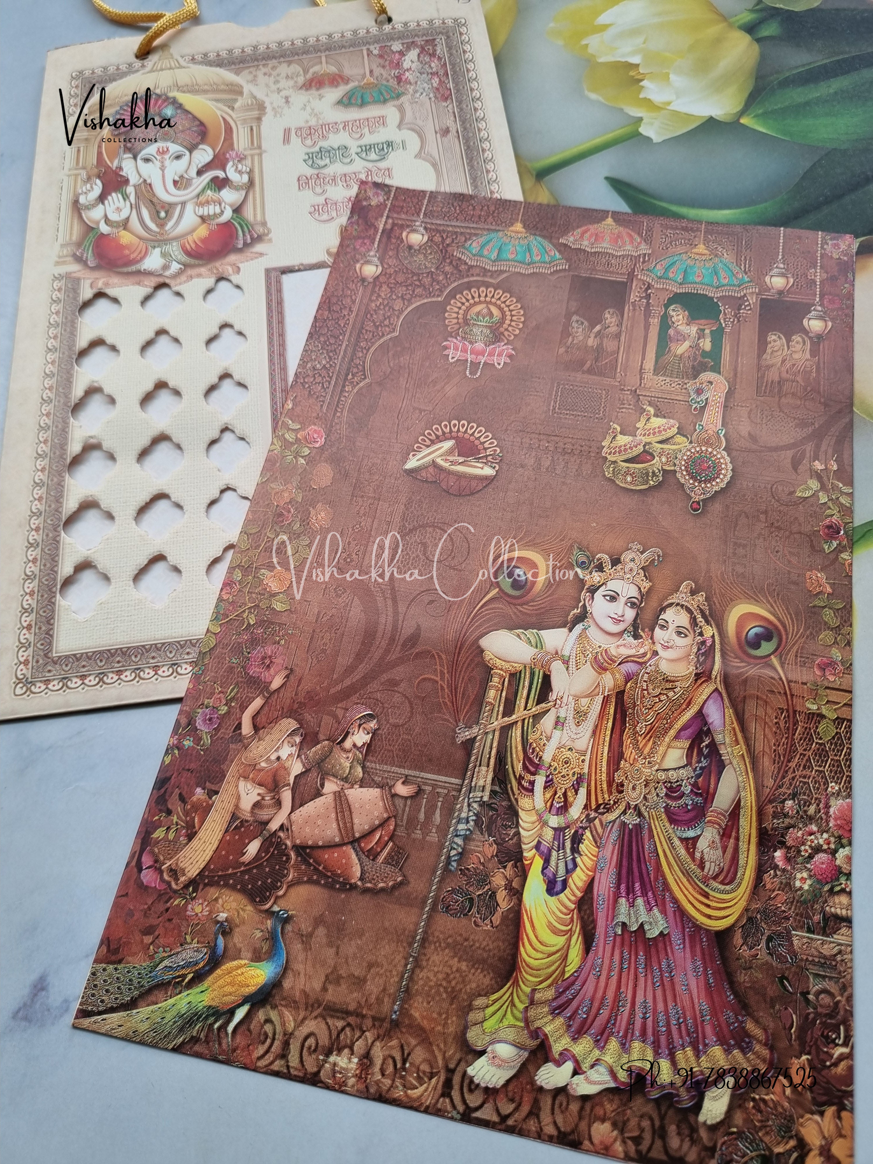 Radha Krishna Ganesh Ji Hindu Carry Bag Light Brown Colored invitation Cards NA-1125-160 - Image 2