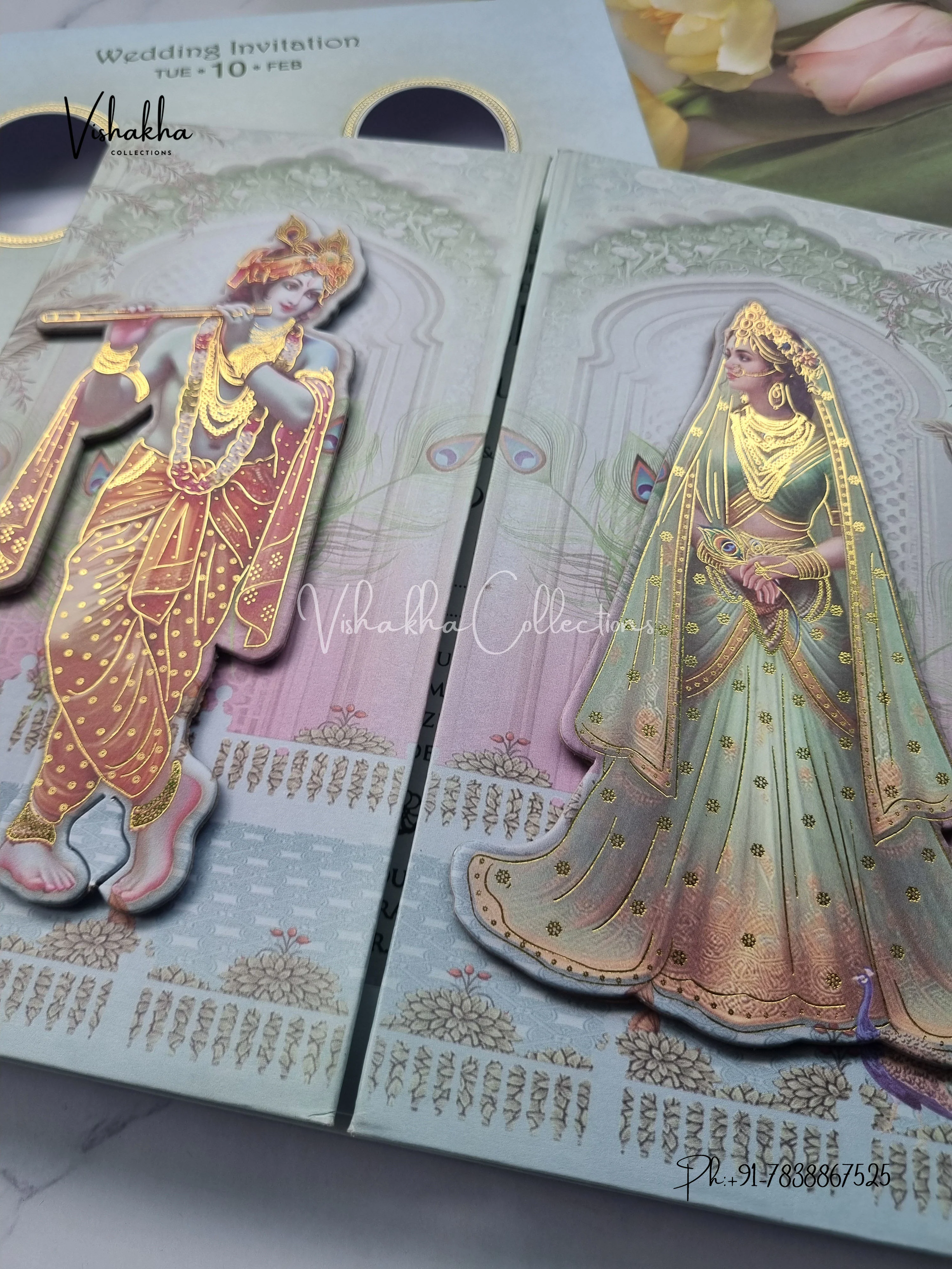 Radha Krishna Peacock Double Door Hindu Padded invitation Cards EJ-5019 - Image 2