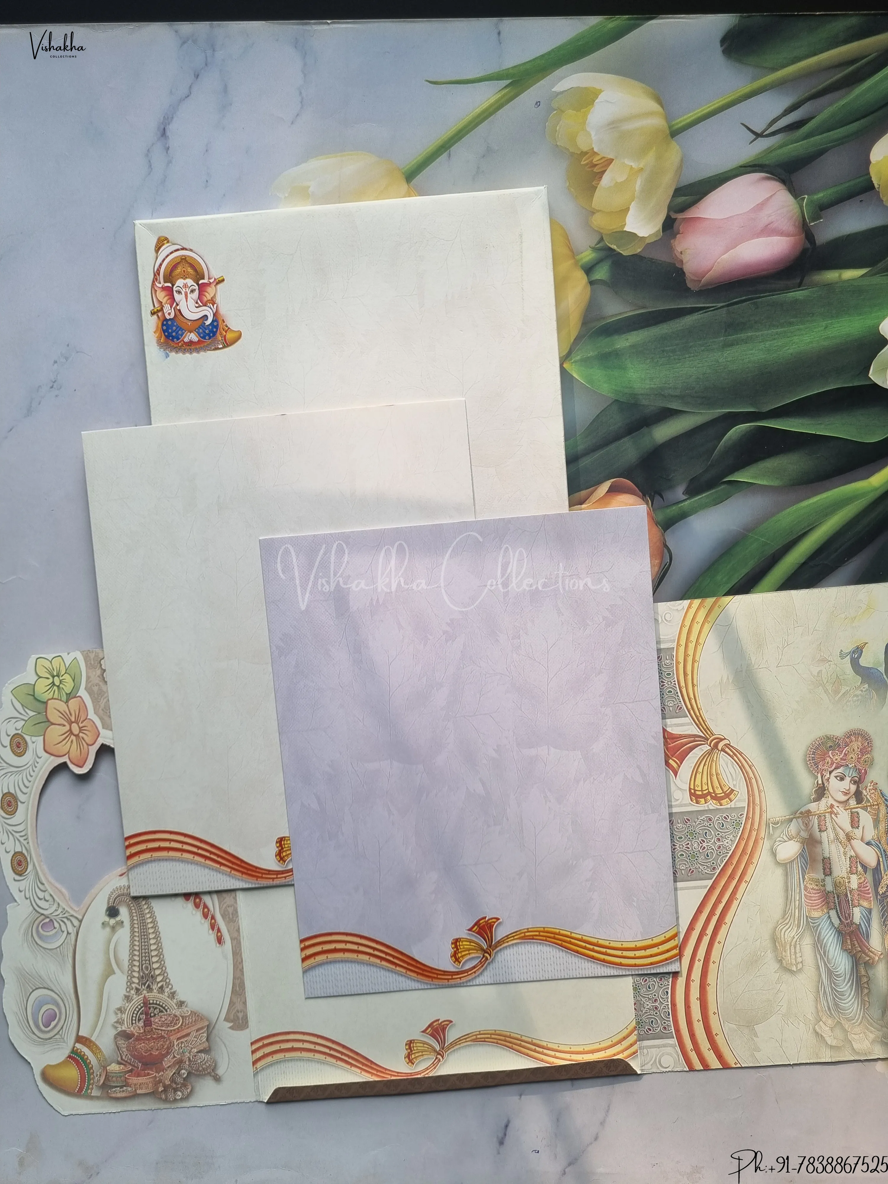 Radha Krishna Semi Box Ganesh Ji Hindu Cream Multicolor Colored wedding invitation Cards GS-5037 - Image 2