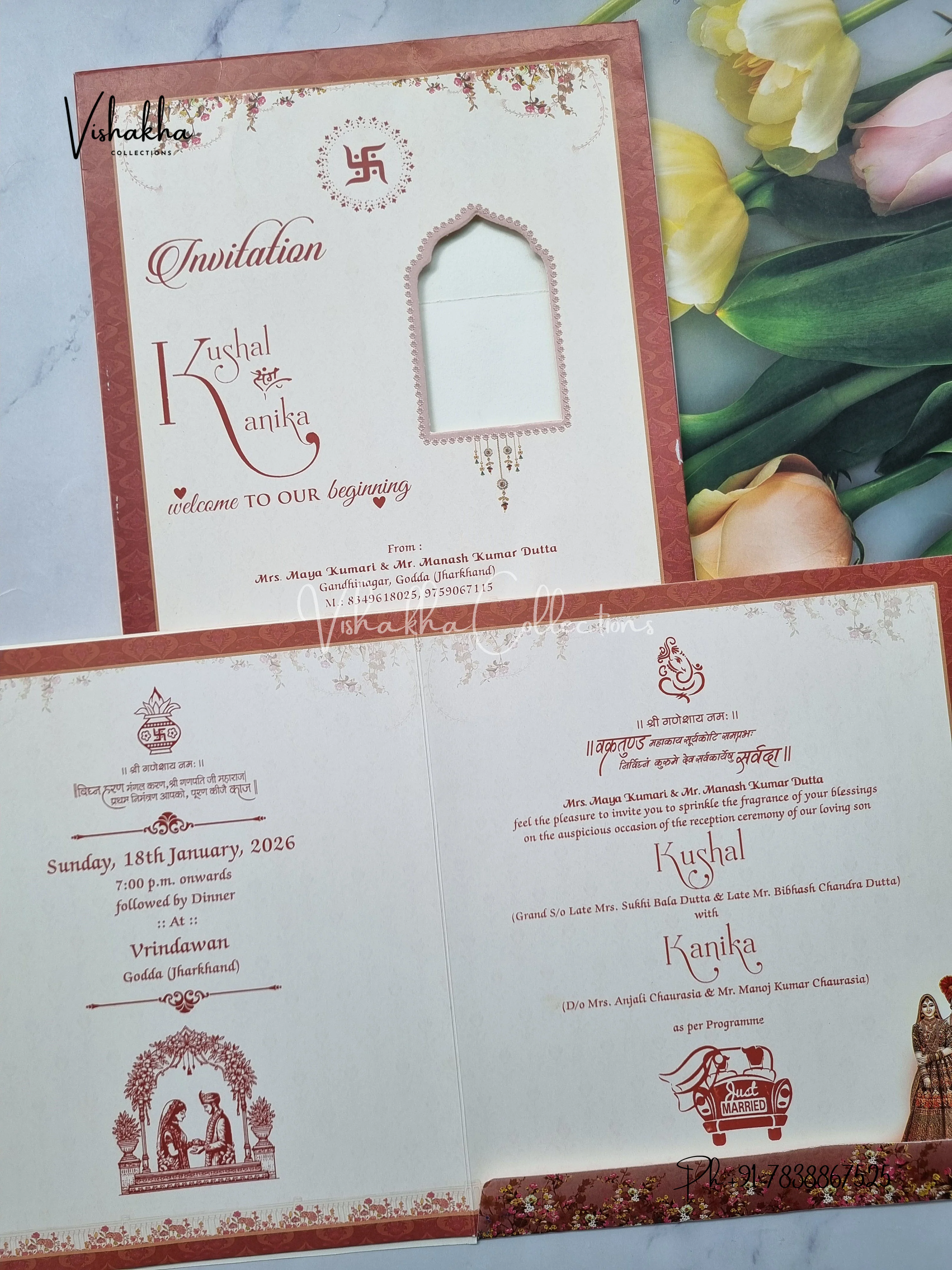 Semi Box Dulah Dulhan Flower Hindu Light Brown Colored invitation Cards NA-1125-36 - Image 3