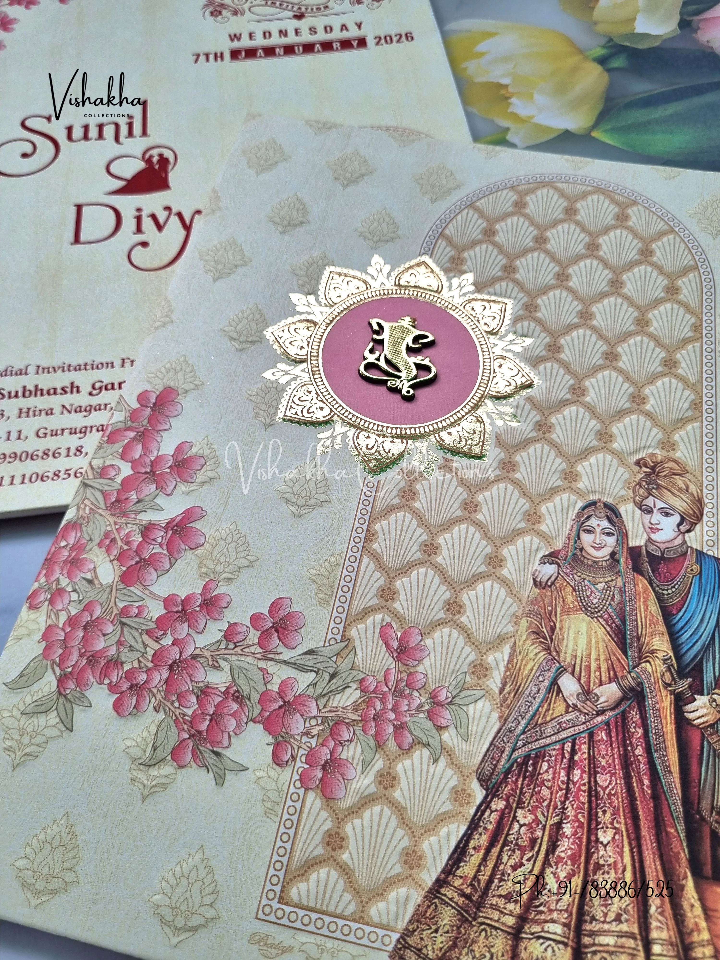 Semi Box Dulah Dulhan Flower Hindu Light Yellow Colored invitation Cards NA-1125-94 - Image 2