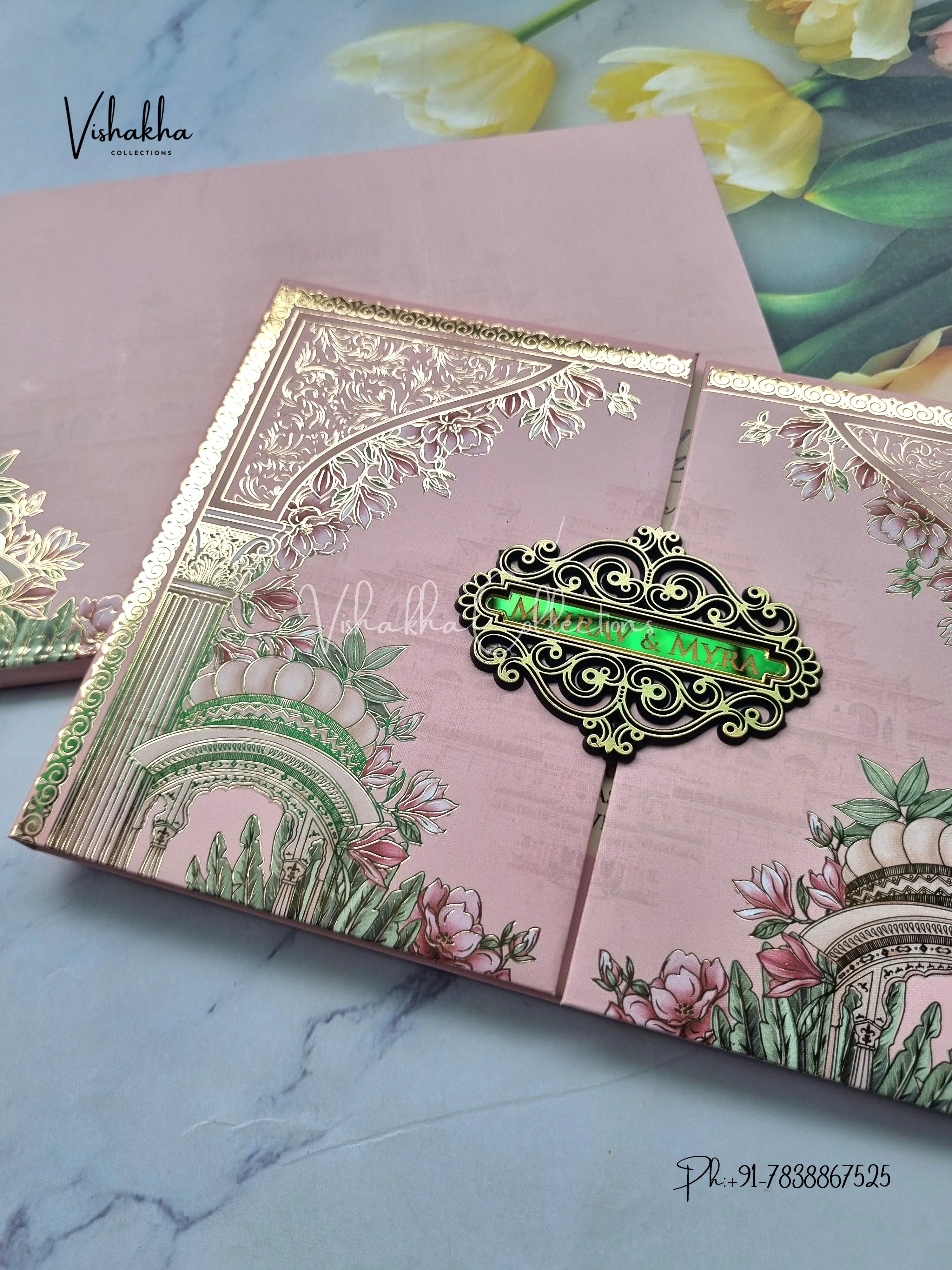 Semi Box Flower Double Door Hindu Muslim Christian Sikh pink Colored invitation Cards SK-3511 - Image 2