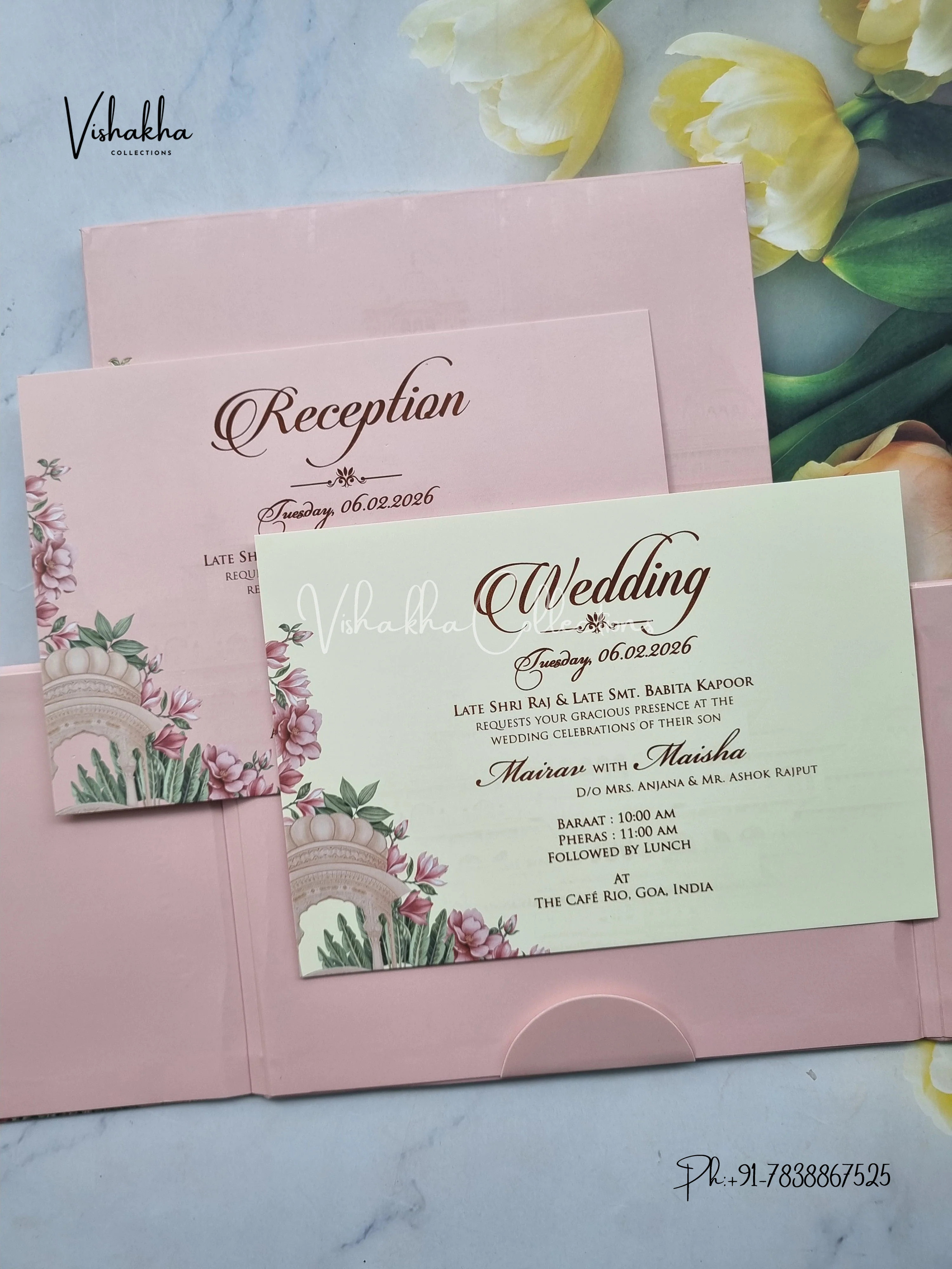 Semi Box Flower Double Door Hindu Muslim Christian Sikh pink Colored invitation Cards SK-3511 - Image 3
