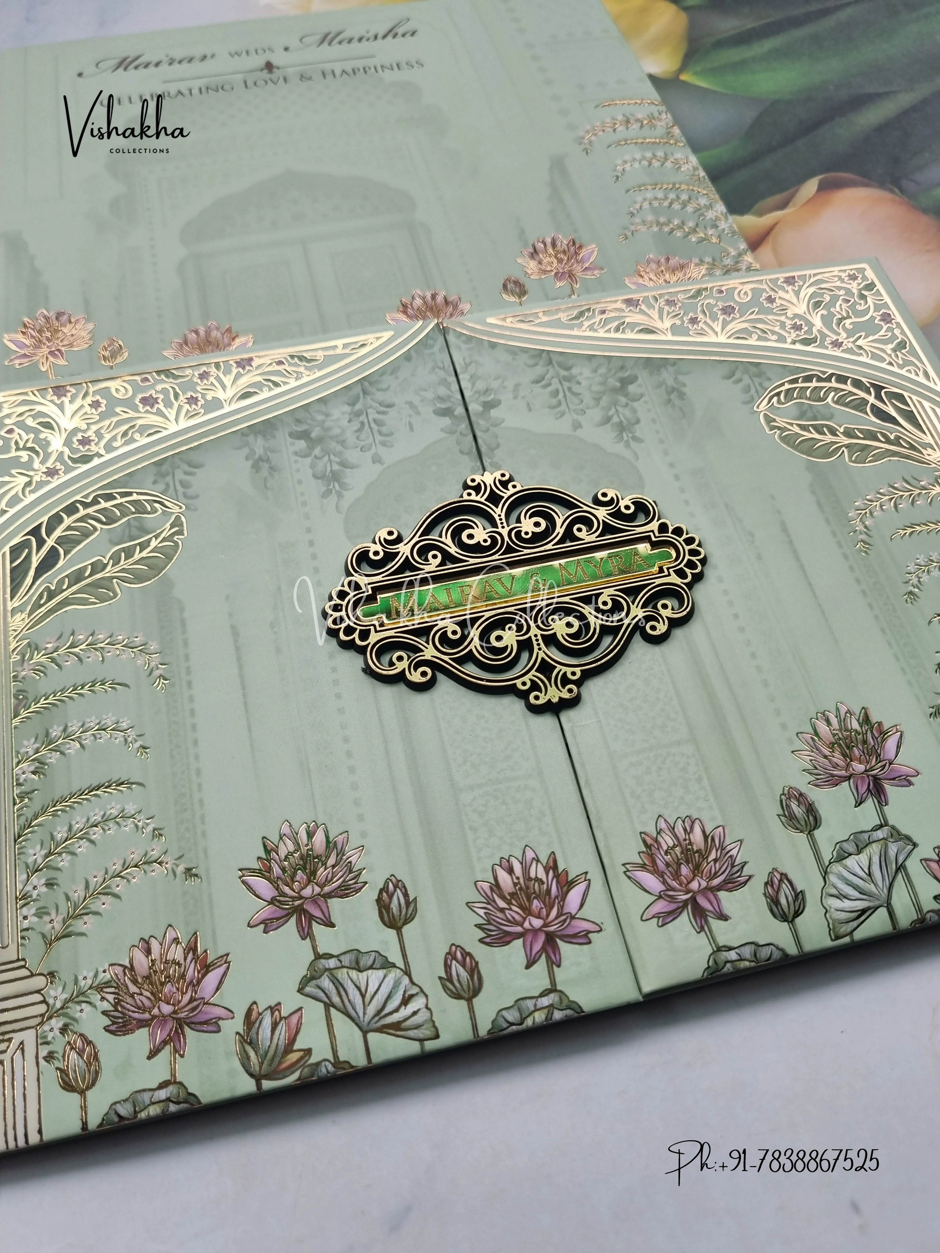 Semi Box Flower Double Door Hindu Muslim Christian Sikh pista green Colored invitation Cards SK-3510 - Image 2