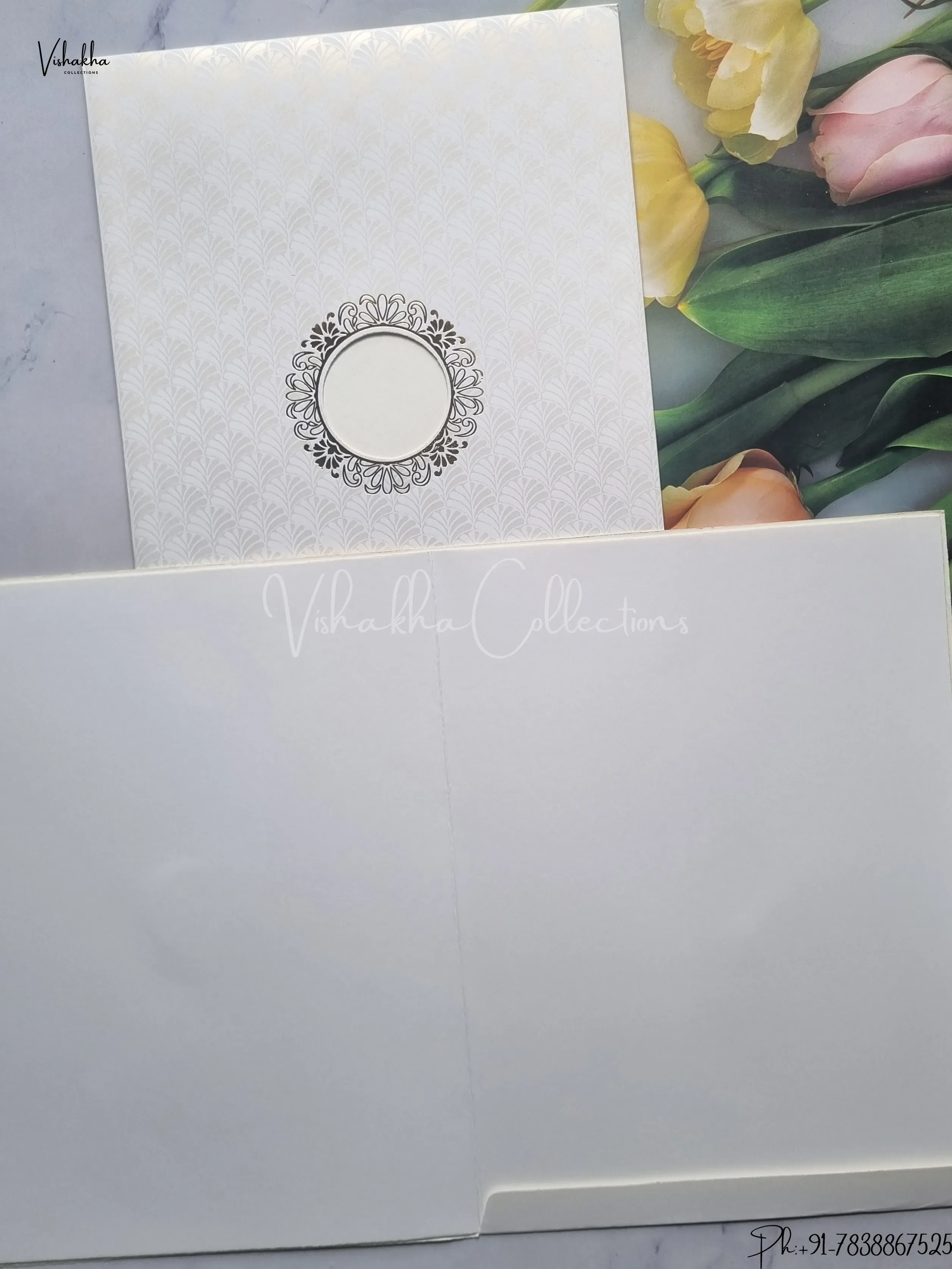 Semi Box Flower Hindu Muslim Christian Jain Sikh Cream And White Colored wedding invitation Cards GS-117 - Image 2