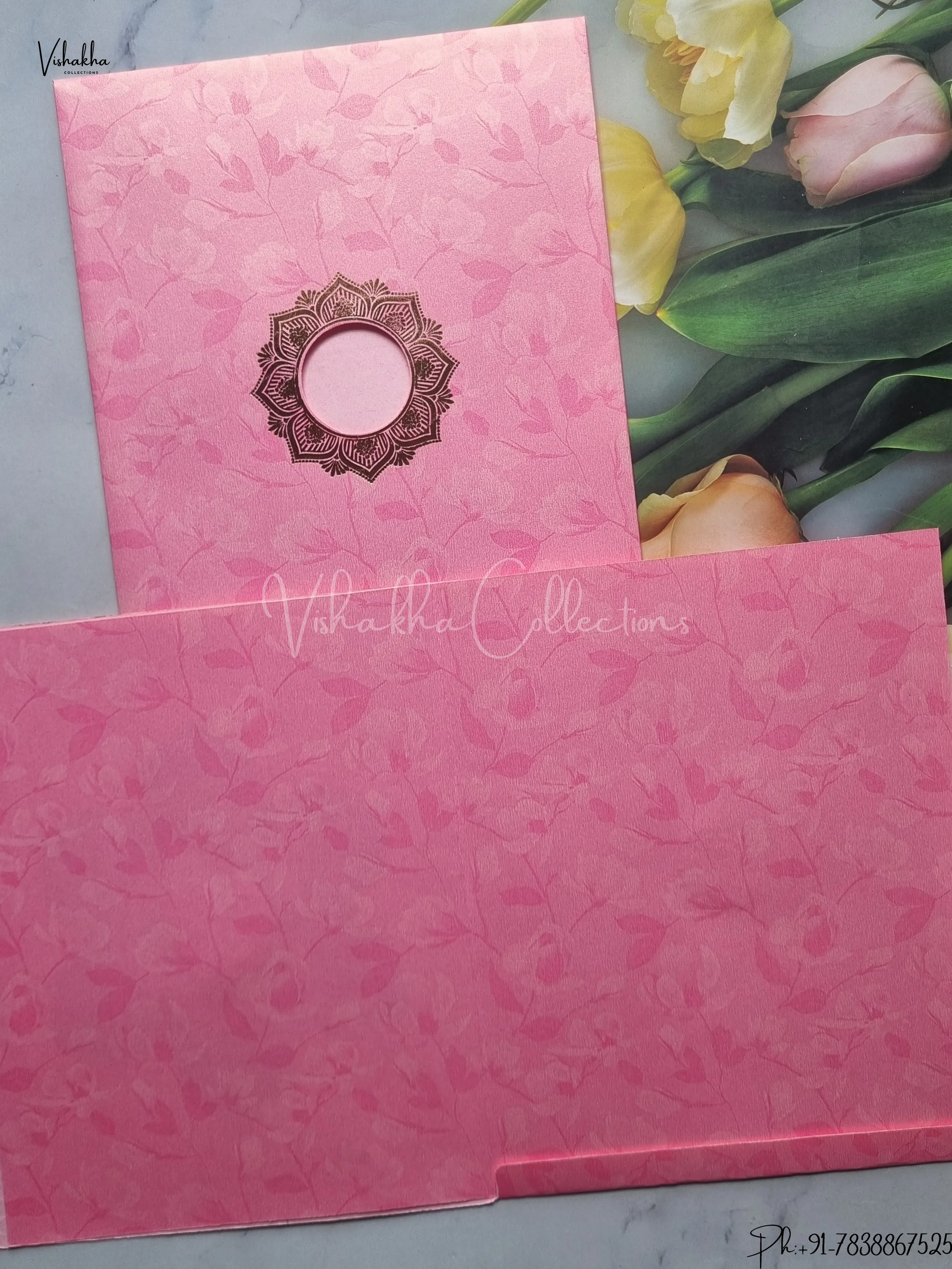 Semi Box Flower Hindu Muslim Christian Jain Sikh Pink Colored wedding invitation Cards GS-136 - Image 2